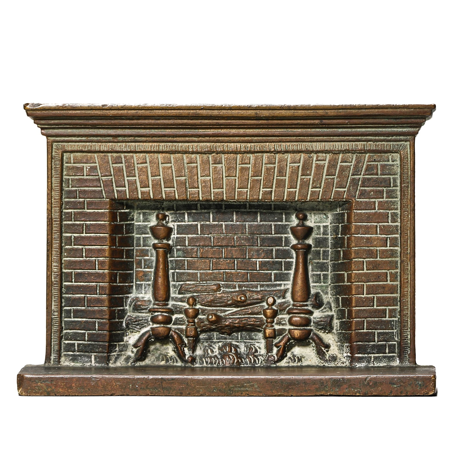 A CAST BRONZE FIREPLACE-FORM DESK ORNAMENT, EARLY 20TH CENTURY: Dimensions: Length: 5 7/8 in. (15 cm), Width: 1 11/16 in. (4.3 cm), Height: 4 1/8 in. (10.5 cm)