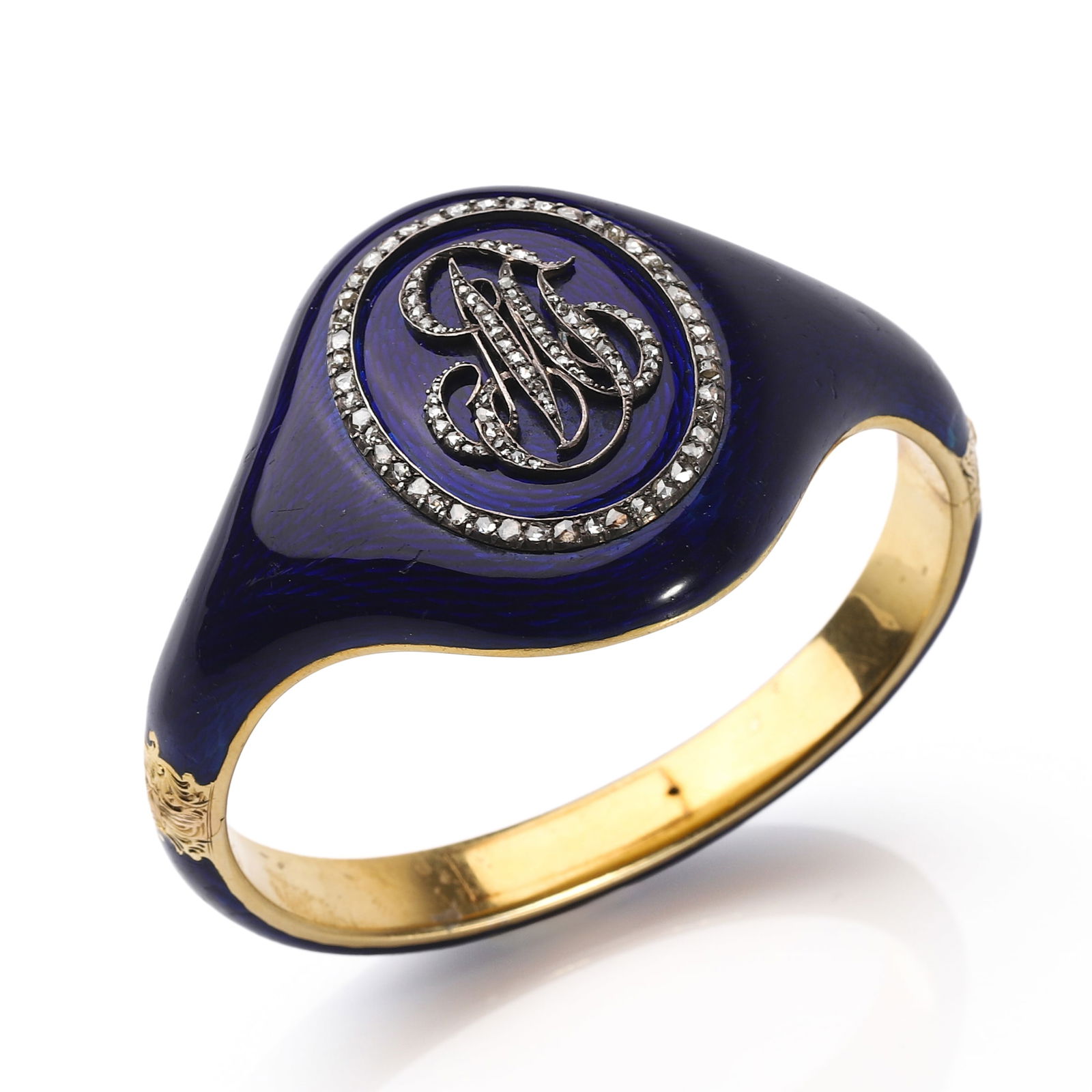 A FRENCH NAPOLÉON III PERIOD 18K GOLD, GUILLOCHÉ ENAMEL AND DIAMOND BRACELET, ARISTOCRATIC: Dimensions Inner diameter: 1 13/16 × 2 1/4 in. (46 × 57 mm); Weight: 48 g Description A magnificent bracelet from the reign of Napoléon III (1852–1870), exquisitely handcrafted in 18k gold. The s