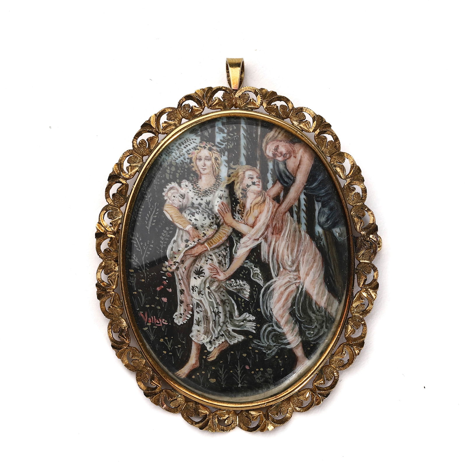 ENAMEL MINIATURE BROOCH WITH THREE FIGURES, SIGNED “VALLÉE: Dimensions: Height: 2 5/8 in. (6.7 cm), Width: 2 in. (5 cm), Weight: 22.1 g This finely executed oval enamel miniature brooch features a delicately painted scene of three female figures set in a woode