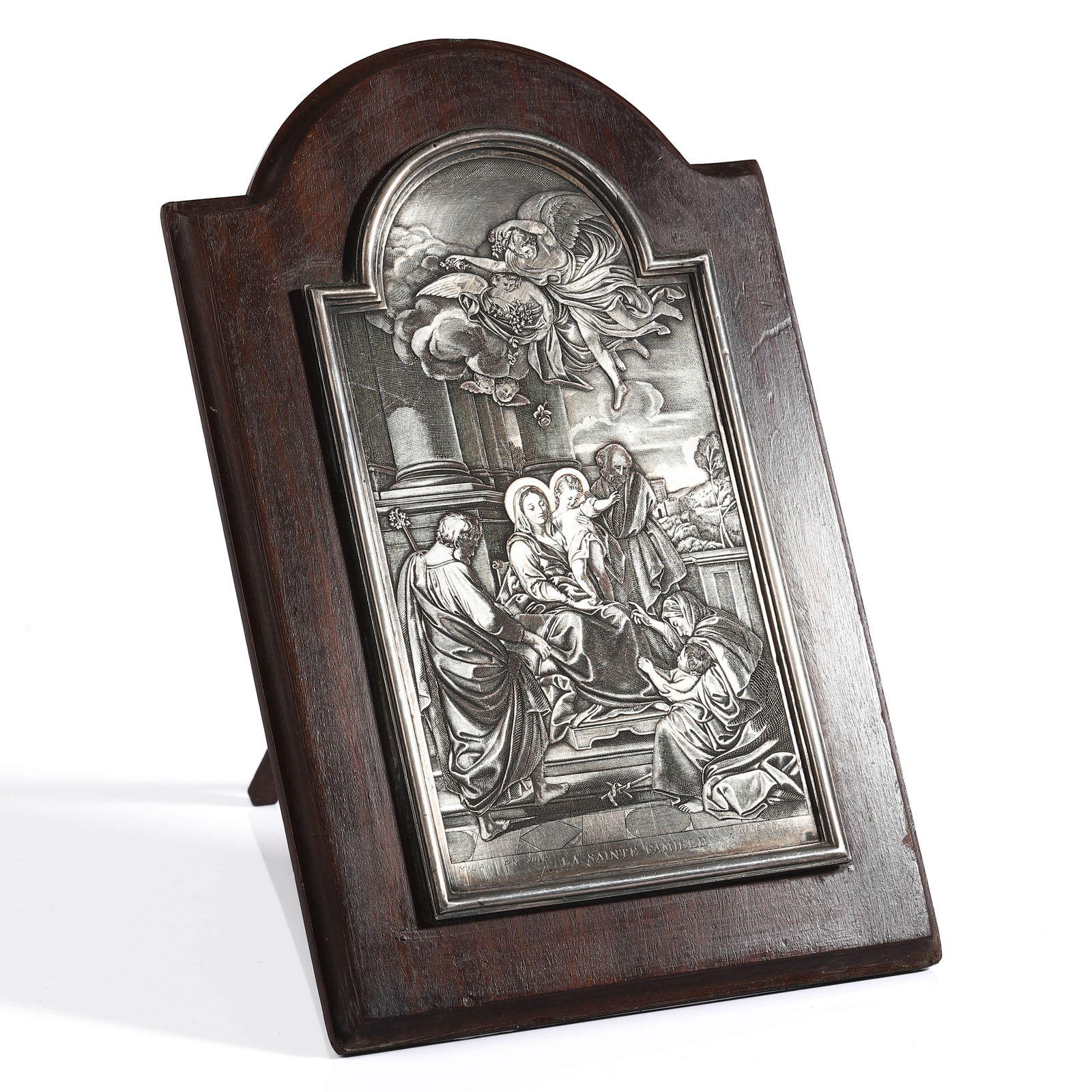 A CONTINENTAL SILVERED METAL RELIEF ICON, “THE NATIVITY OF THE VIRGIN,?? 19TH CENTURY: Rectangular plaque with an arched top, finely engraved in low relief depicting the Nativity of the Virgin within a classical architectural interior, attended by Saint Anne, the Virgin Mary, and surrou