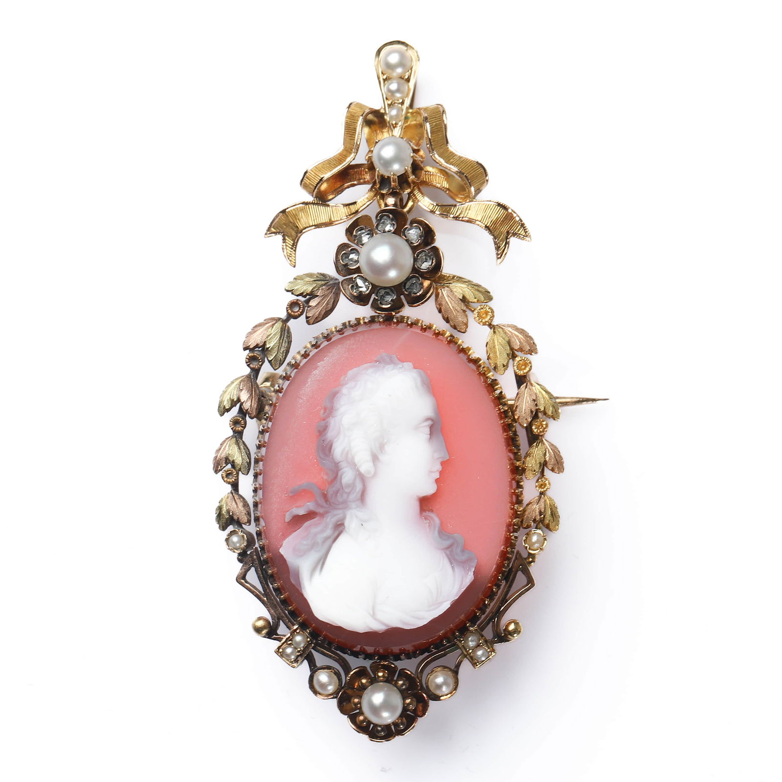NAPOLEON III PERIOD FRENCH GOLD CAMEO BROOCH–PENDANT WITH MADAME DE POMPADOUR PORTRAIT: Dimensions Length: 2 5/16 in. (59 mm); Width: 1 3/16 in. (30 mm); Weight: 18.7 g Description An exceptional French aristocratic brooch–pendant dating to the Napoleon III period (1852–1870),