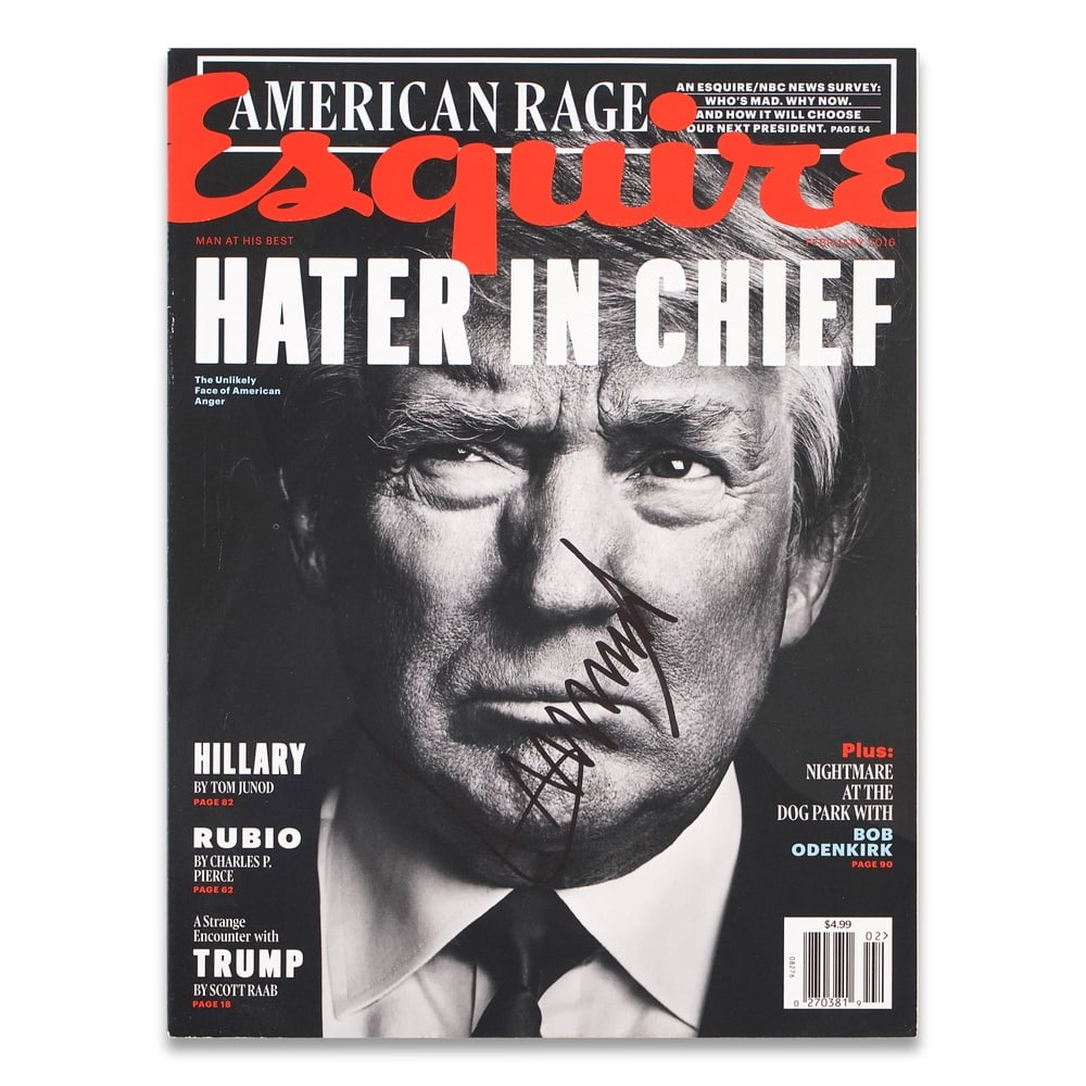 DONALD TRUMP SIGNED ESQUIRE MAGAZINE "HATER IN CHIEF" (FEBRUARY 2016): 10 7/8 x 7 7/8 in (27.5 x 20 cm) Provenance and Authentication: This collectible has undergone a rigorous forensic evaluation. The signatures were carefully analyzed across multiple criteria, includin