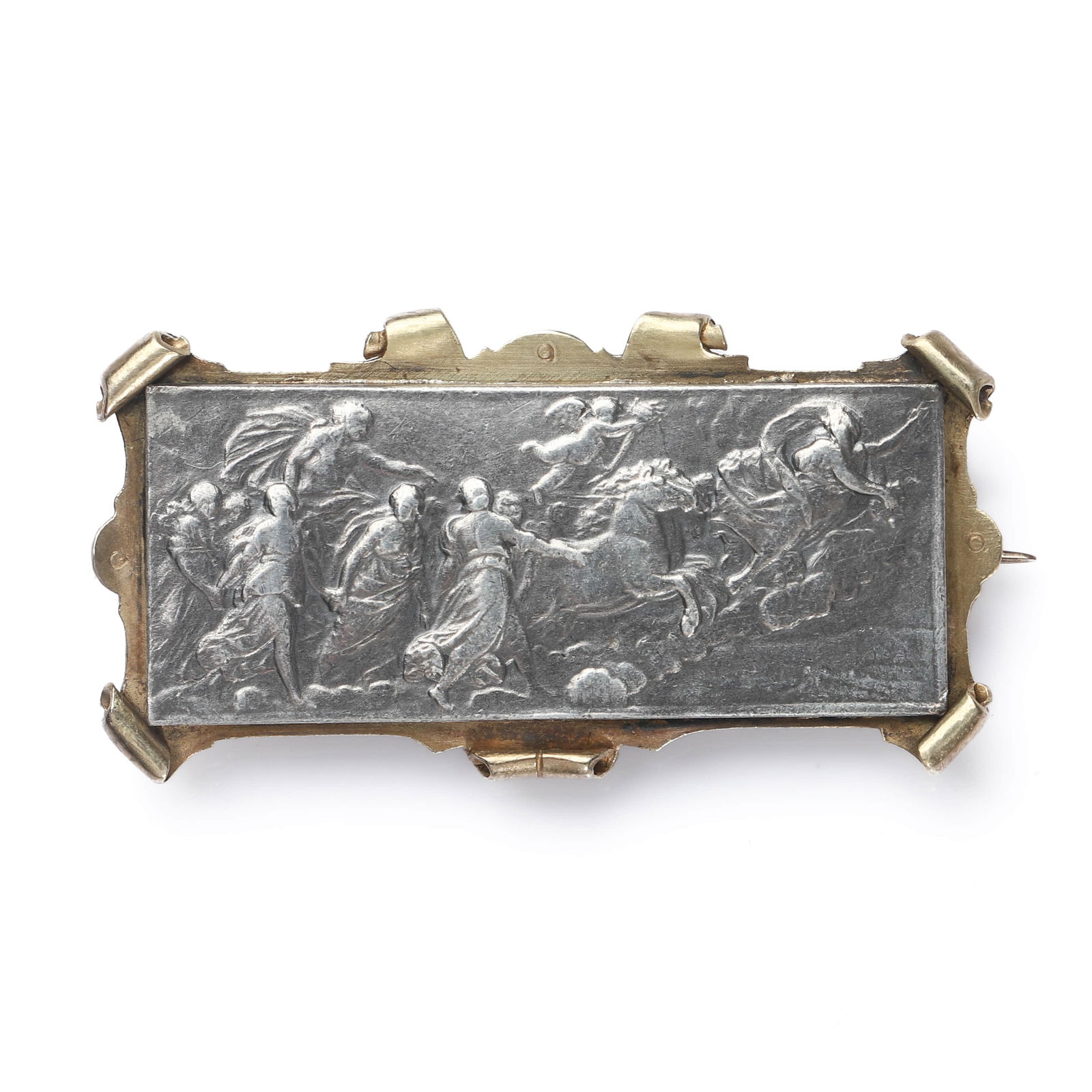 ANTIQUE SILVER RELIEF BROOCH WITH NEOCLASSICAL FIGURAL SCENE: Dimensions Length: 1 5/16 in (33.6 mm); Width: 11/16 in (16.9 mm); Weight: 5.8 g Description An antique brooch centered with a rectangular silver relief plaque finely modeled with a dynamic neoclassic