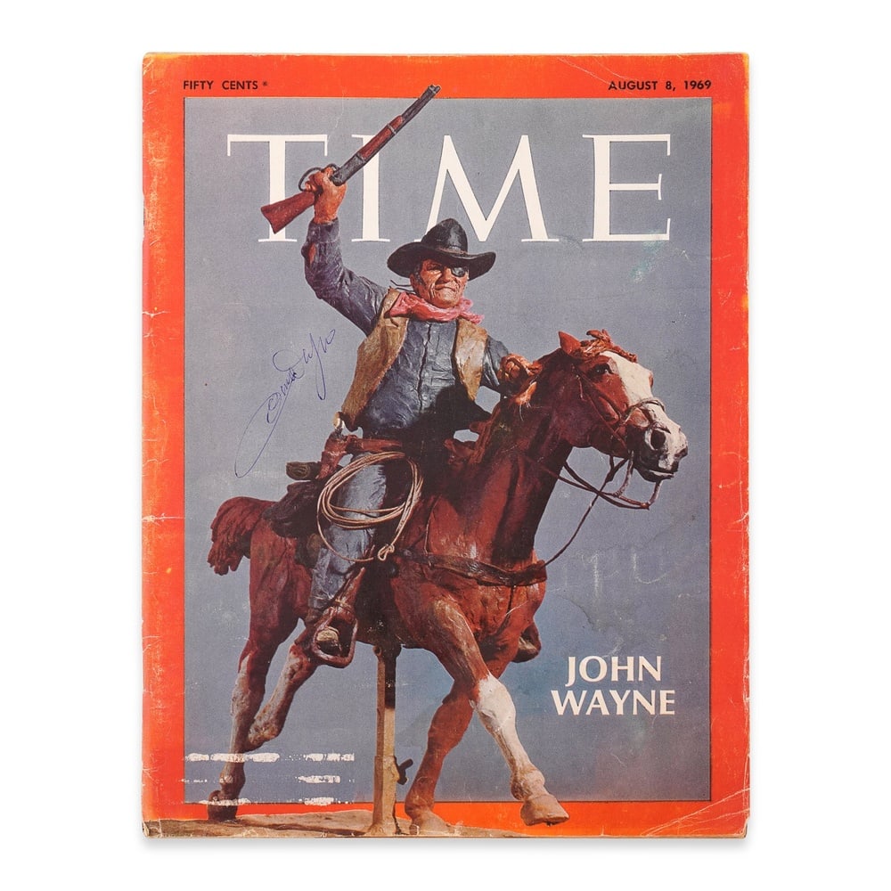 JOHN WAYNE SIGNED TIME MAGAZINE - AUGUST 8, 1969: 11 1/8 x 8 3/8 in (28.2 x 21.2 cm) Provenance and Authentication: This collectible has undergone a rigorous forensic evaluation. The signatures were carefully analyzed across multiple criteria,