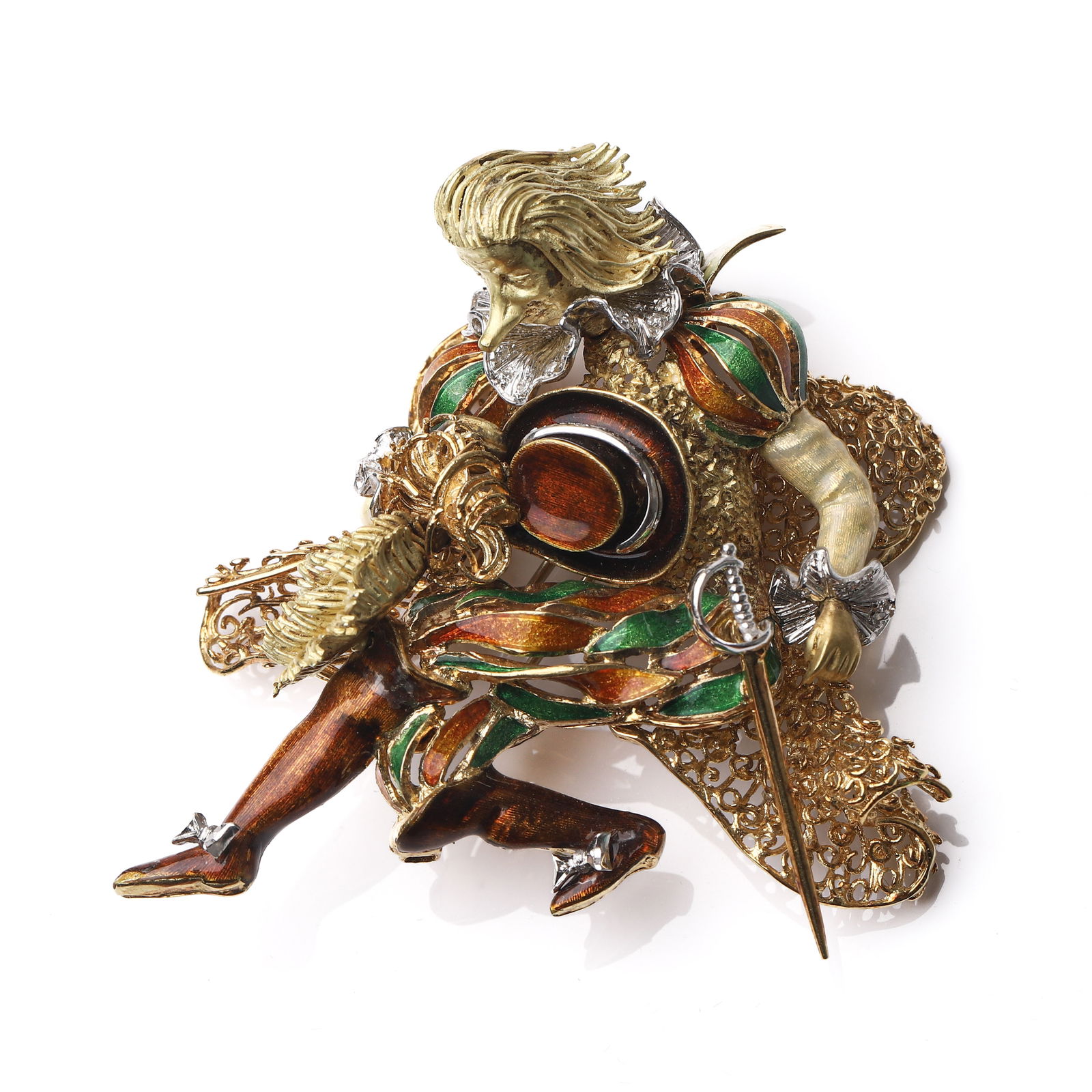 A MULTI-COLORED ENAMEL AND GOLD FIGURAL BROOCH, CIRCA 1950–197: Dimensions Length 7.5 cm; Width 6.5 cmWeight: 68.8 g Description Designed as a finely modeled Renaissance-style cavalier, depicted in a dynamic pose with a plumed hat in hand and a rapier held at his