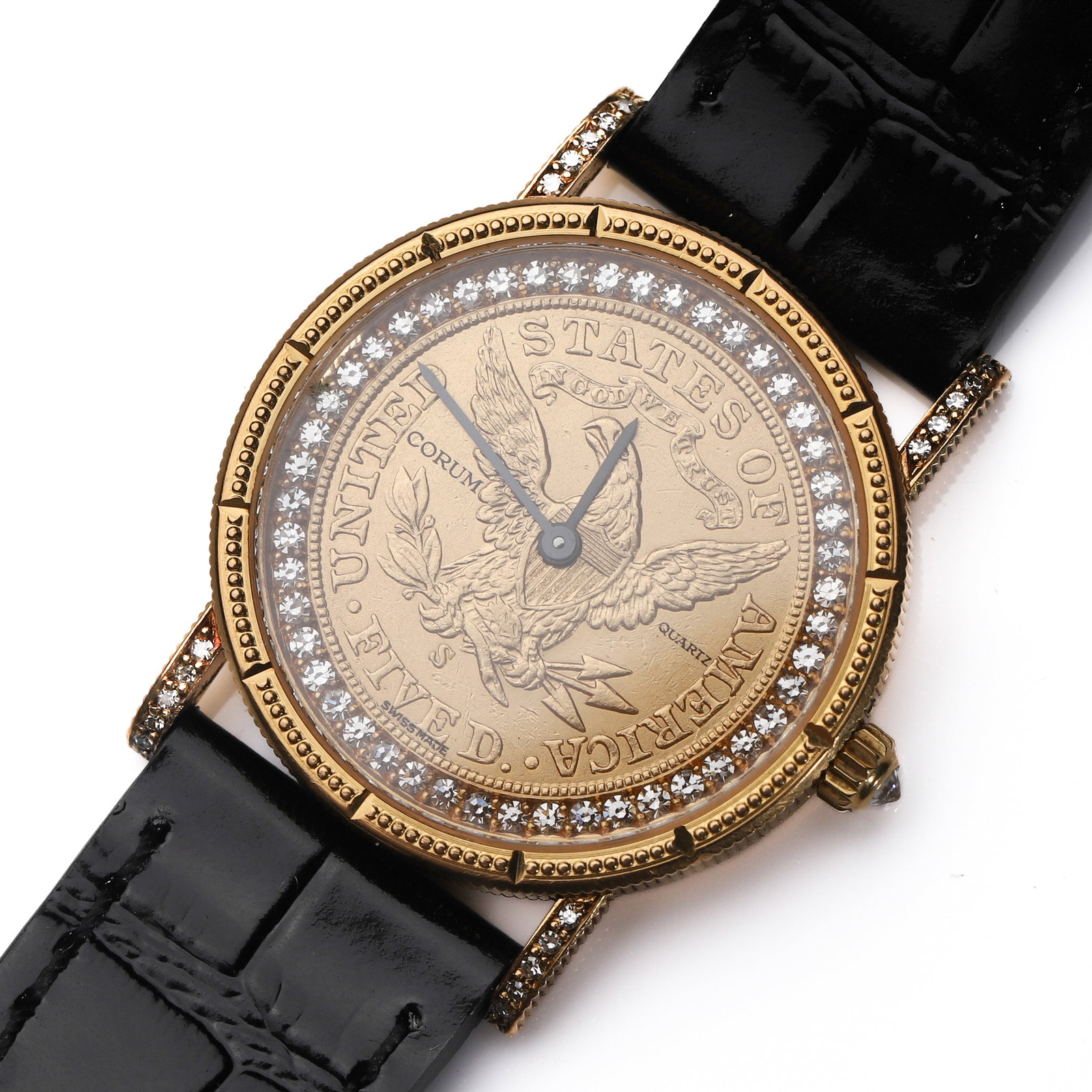 COIN-DIAL DIAMOND-SET QUARTZ WRISTWATCH, CORUM-STYLE (1 of 10)