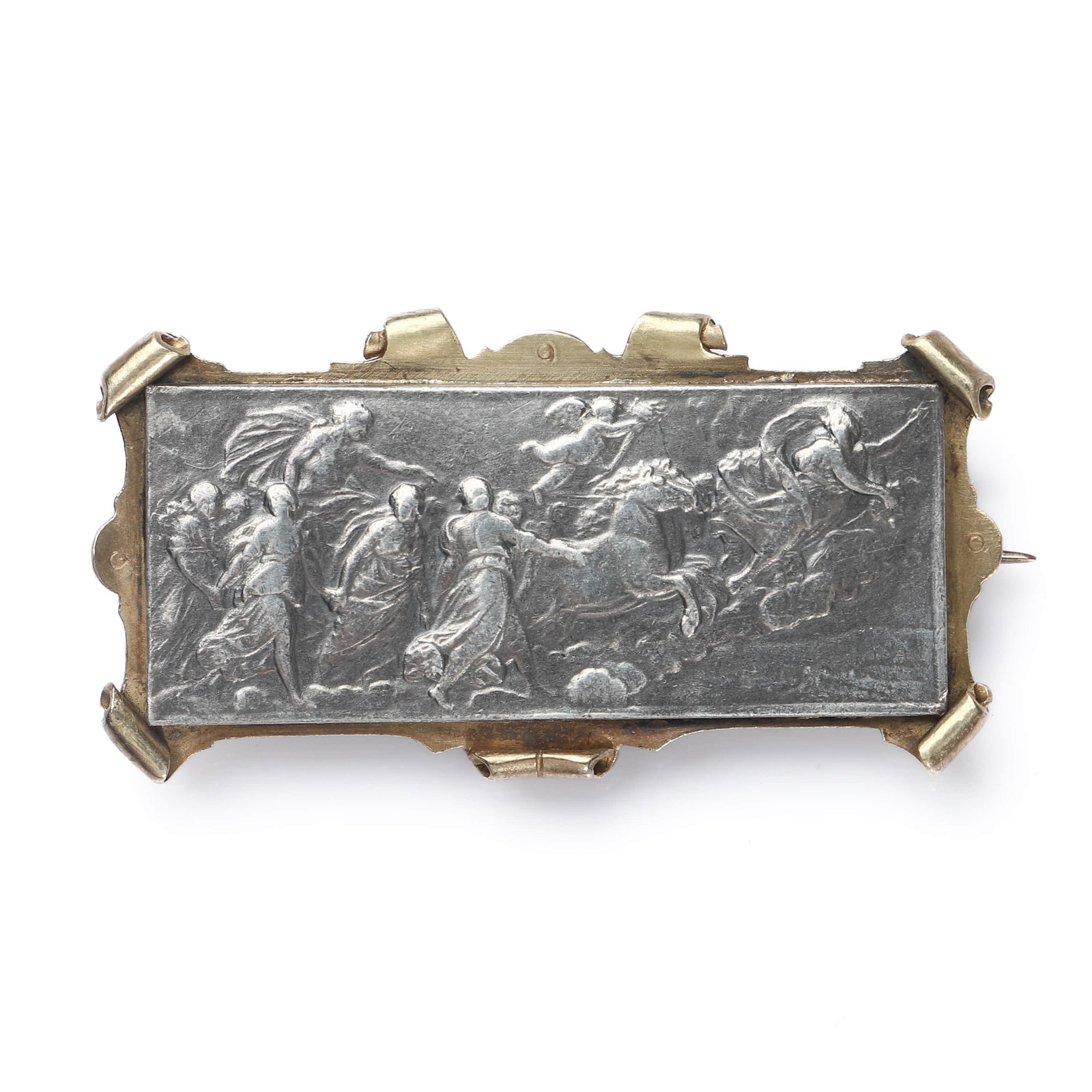 ANTIQUE SILVER RELIEF BROOCH WITH NEOCLASSICAL FIGURAL SCENE: Dimensions Length: 1 5/16 in (33.6 mm); Width: 11/16 in (16.9 mm); Weight: 5.8 g Description An antique brooch centered with a rectangular silver relief plaque finely modeled with a dynamic neoclassic