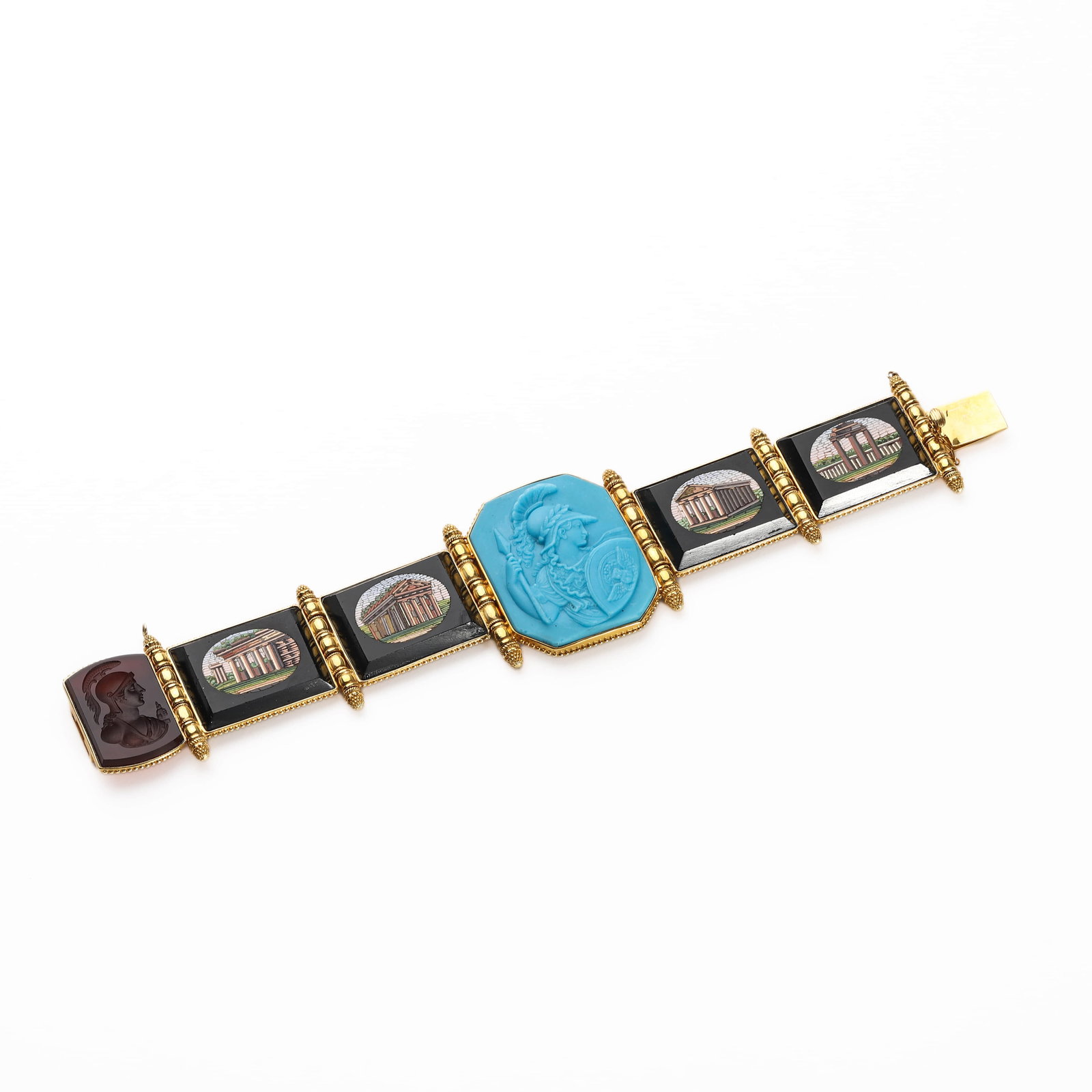 A GOLD BRACELET WITH MICROMOSAIC PLAQUES AND CAMEOS (1 of 8)
