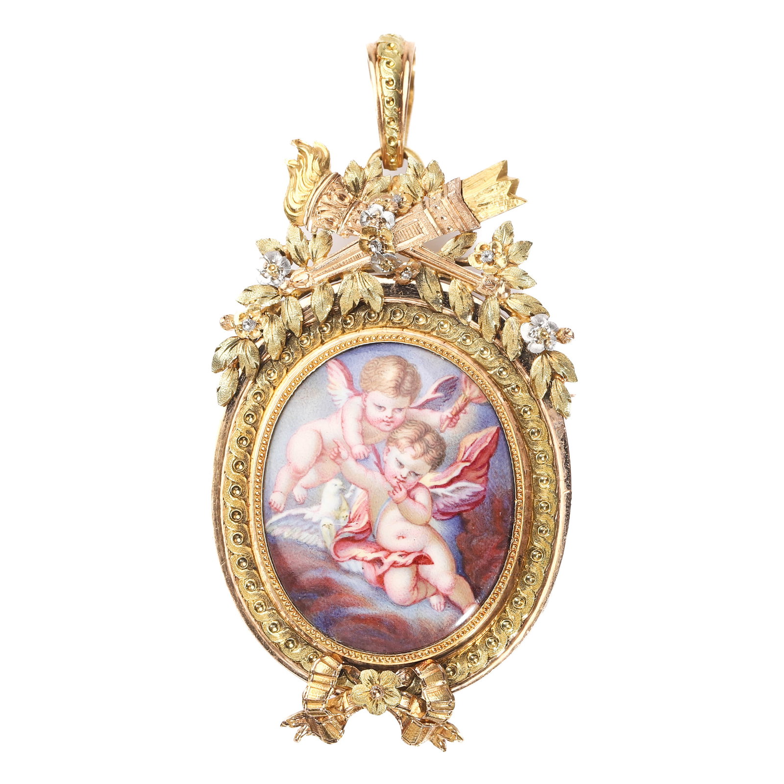 FRENCH ANTIQUE GOLD ENAMEL CHERUB LOCKET BROOCH / PENDANT: Dimensions Length: 2 in. (50.7 mm); Width: 1 1/4 in. (32 mm); Weight: 22.1 g Description A finely crafted French antique gold locket brooch, designed to be worn both as a brooch and a pendant, richly