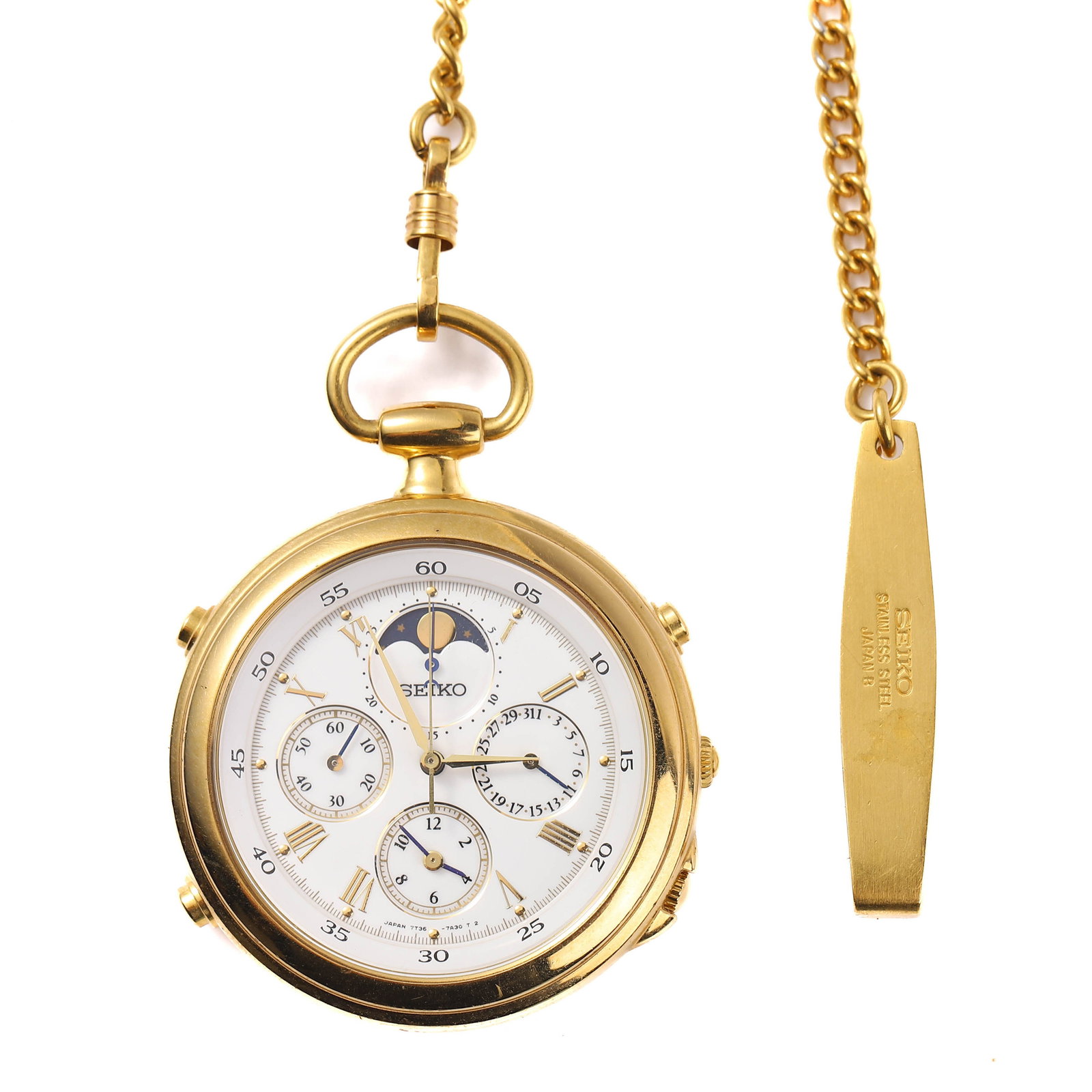 SEIKO GOLD-TONE POCKET WATCH WITH MOON PHASE DISPLAY AND CHAIN: dial diameter: 1 5/8 in (4.1 cm); weight: 58.7 g A Seiko pocket watch with a gold-tone case, featuring a moon phase display at the 12 o'clock position. The dial includes multiple subdials for seconds,