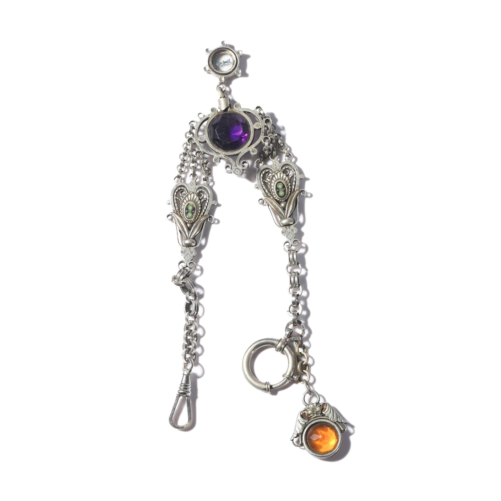 GERMAN, BAVARIA, 20TH CENTURY — TRADITIONAL LADIES’ CHARIVARI JEWELRY.: GERMAN, BAVARIA, 20TH CENTURY — TRADITIONAL LADIES’ CHARIVARI JEWELRY. Medium: Silver with colored gemstones and hunting charms Dimensions: Length: 11 3/8 in. (29 cm); Weight: 61g. Description: A 