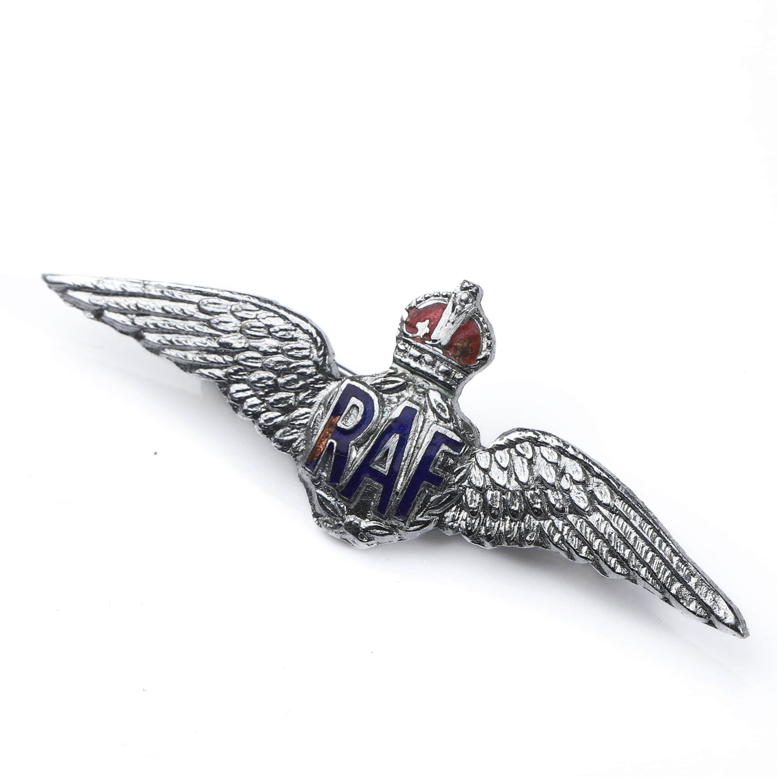 ROYAL AIR FORCE ENAMEL PILOT WINGS BROOCH: Dimensions: Length: 2 1/16 in (51.8 mm); Weight: 3.8 g Description: A finely cast silver-tone brooch in the form of outstretched wings centering a crowned RAF monogram in blue enamel beneath a red-and