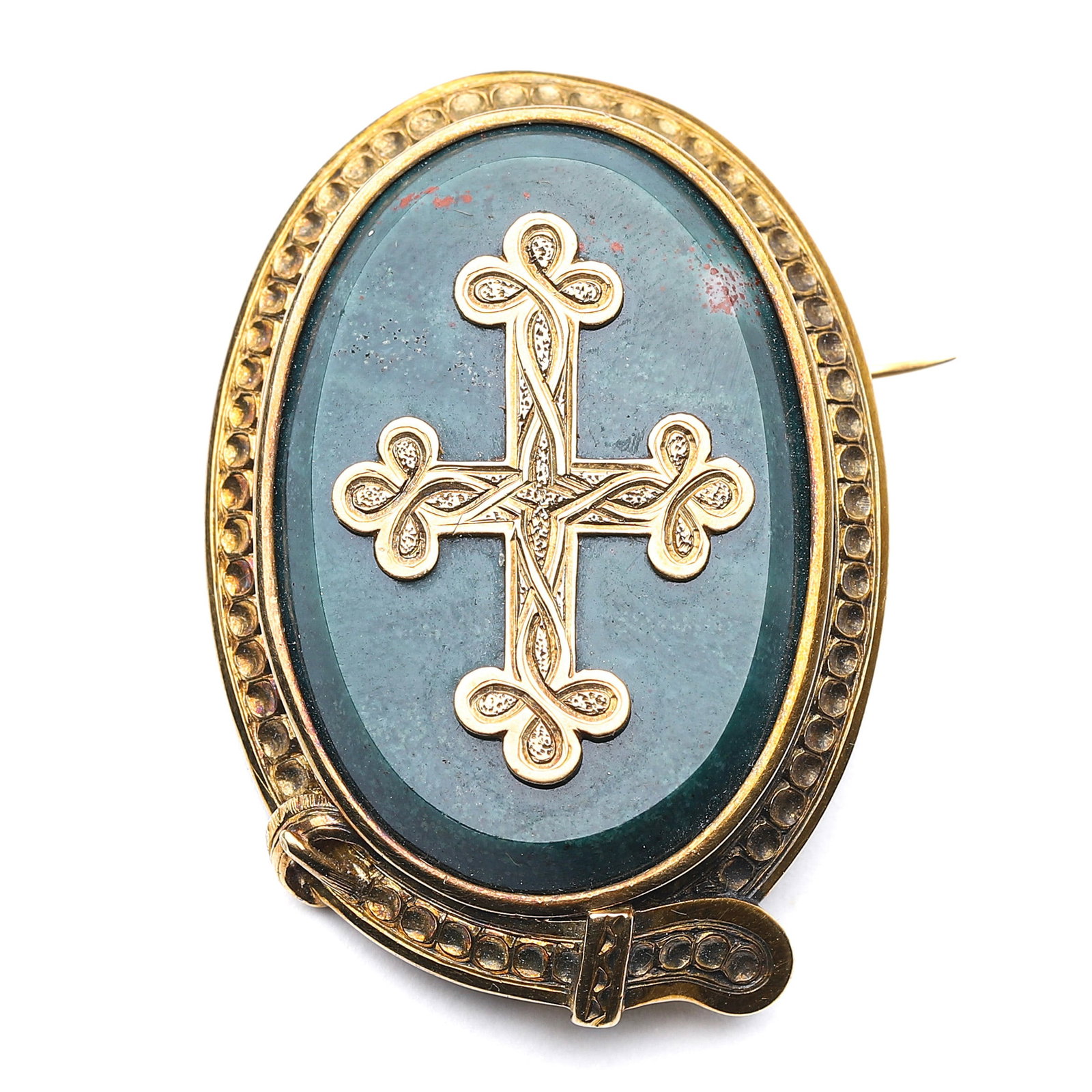 VICTORIAN FRENCH 18K GOLD BLOODSTONE AND ONYX BROOCH PENDANT COMBINATION, 1837-1901.: Dimensions: 1 5/8 x 1 1/8 in (4.2 x 2.9 cm); Weight: 11.7 g; Period: 1837-1901.This brooch pendant is crafted from 18k gold, featuring a large bloodstone base symbolizing the "blood of Jesus Christ," 