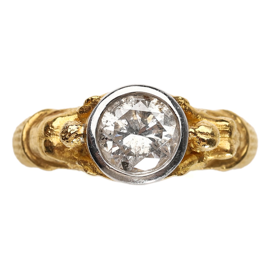 A GOLD RING SET WITH A ROUND DIAMOND, BY ALEXANDRE REZA: Dimensions: Inner Diam: 17 mm, Diamond Diam: 8.3 mm, Weight: 6.7 g This elegant ring showcases the distinctive craftsmanship of Alexandre Reza, renowned for his opulent and architectural designs. The 