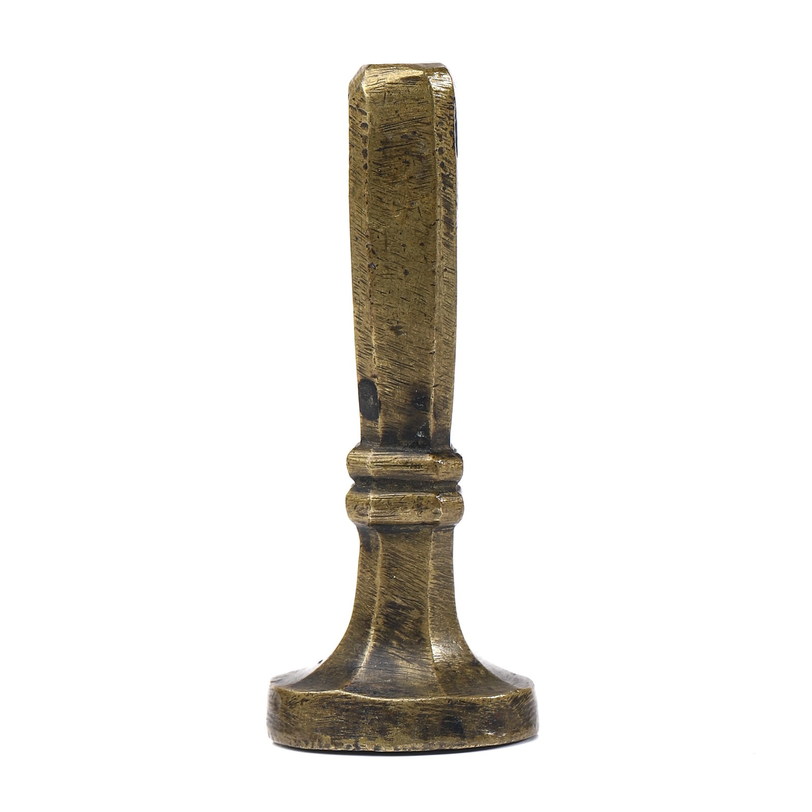 A BRONZE OVAL ARMORIAL SEAL: Dimensions Height 2 9/16 in (6.5 cm); Weight 67.9 g. Description A bronze desk seal featuring an oval armorial matrix finely engraved with a heraldic shield surrounded by scrolling mantling and topped