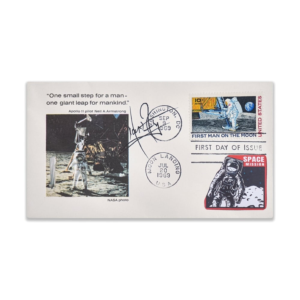 NEIL ARMSTRONG SIGNED APOLLO 11 MOON LANDING FIRST DAY COVER: 6 3/8 x 3 5/8 in (16.3 x 9.1 cm) Provenance and Authentication: This collectible has undergone a rigorous forensic evaluation. The signatures were carefully analyzed across multiple criteria,