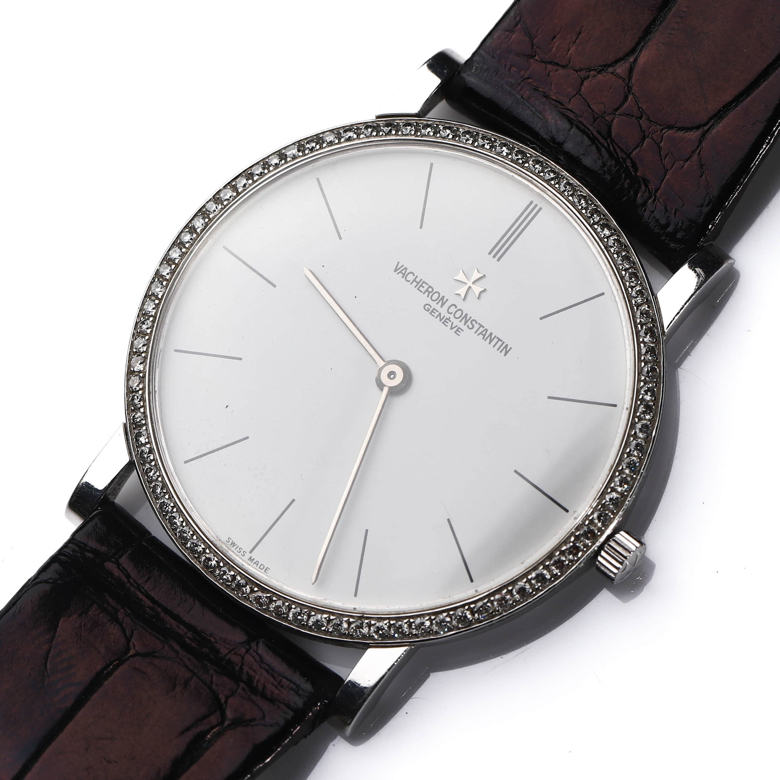 VACHERON CONSTANTIN DIAMOND-SET WRISTWATCH: Dimensions case diameter approx. 1 5/16 in (33.5 mm); overall length approx. 8 1/4 in (21 cm). Description An elegant Vacheron Constantin wristwatch featuring a refined round case fitted with a