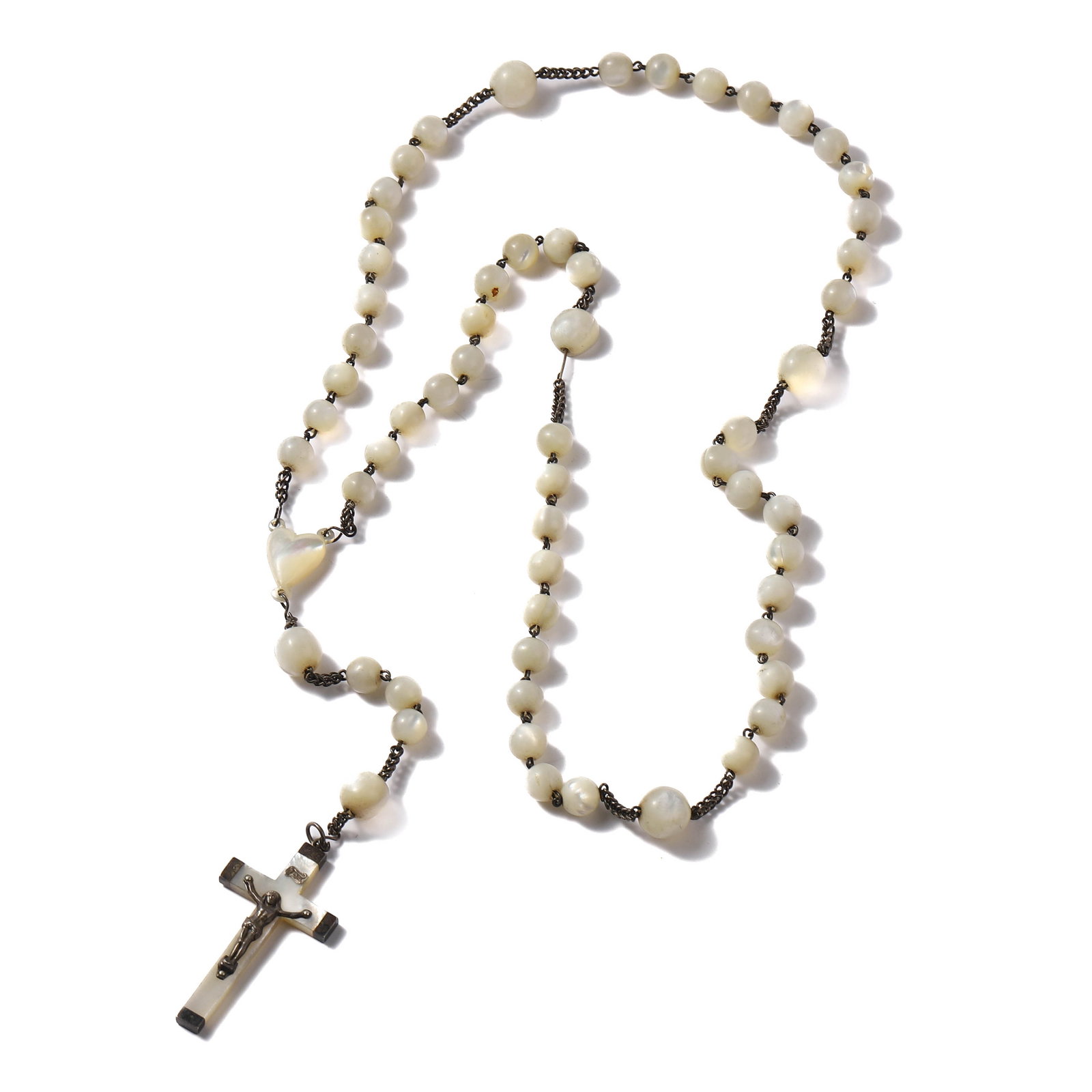 MOTHER-OF-PEARL ROSARY NECKLACE WITH SILVER CRUCIFIX. (1 of 6)