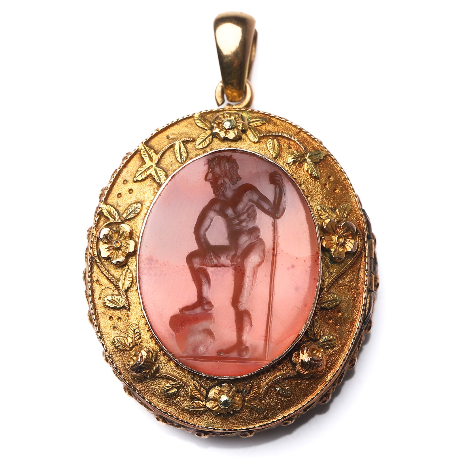 GOLD LOCKET PENDANT WITH CARNELIAN INTAGLIO: Dimensions 1 1/4 × 1 1/8 in (31.7 × 28.6 mm); Weight: 10 g. Description An antique gold locket pendant featuring an oval carnelian intaglio carved with a seated classical figure. The front bezel is 