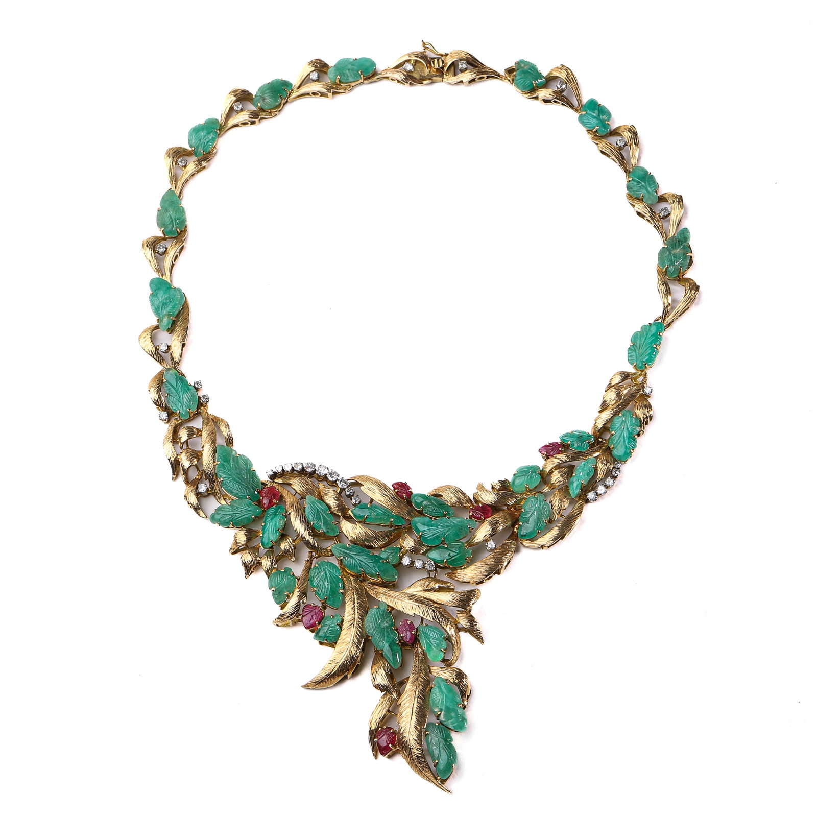 ART DECO PERIOD (1925-1935) ITALIAN CUSTOM-MADE GOLD MULTI-GEMSTONE NECKLACE: Crafted entirely in 18k gold, this exquisite necklace features a luxurious 120-carat array of emerald gemstones, complemented by ruby and diamond accents. The leaf motifs showcase finely textured hand