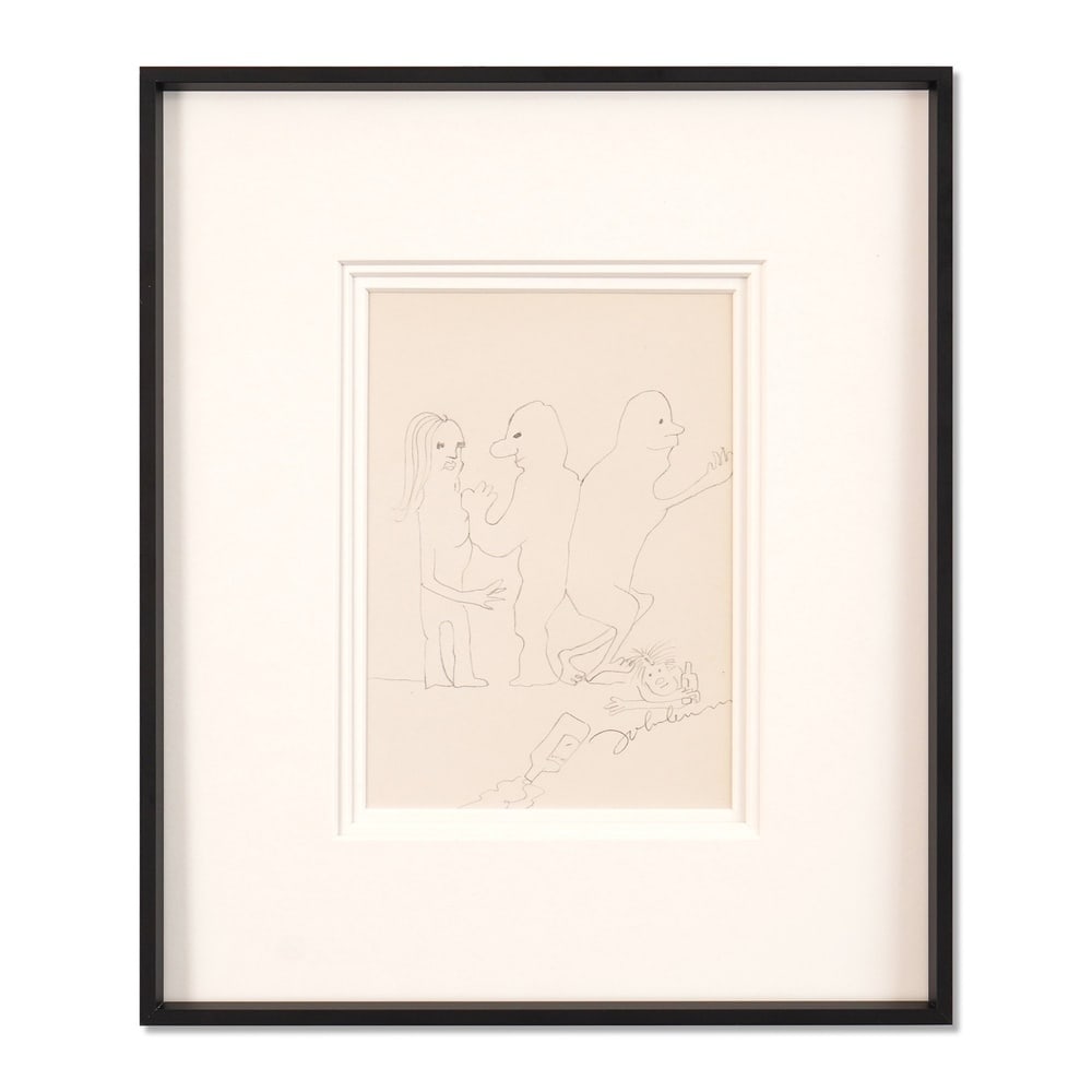 JOHN LENNON SIGNED SKETCH: Image Dimensions: 5 5/8 x 8 in (14.3 x 20.2 cm) This whimsical line drawing, bearing the unmistakable signature of John Lennon, showcases the late Beatle's distinctive blend of satire, surrealism, and