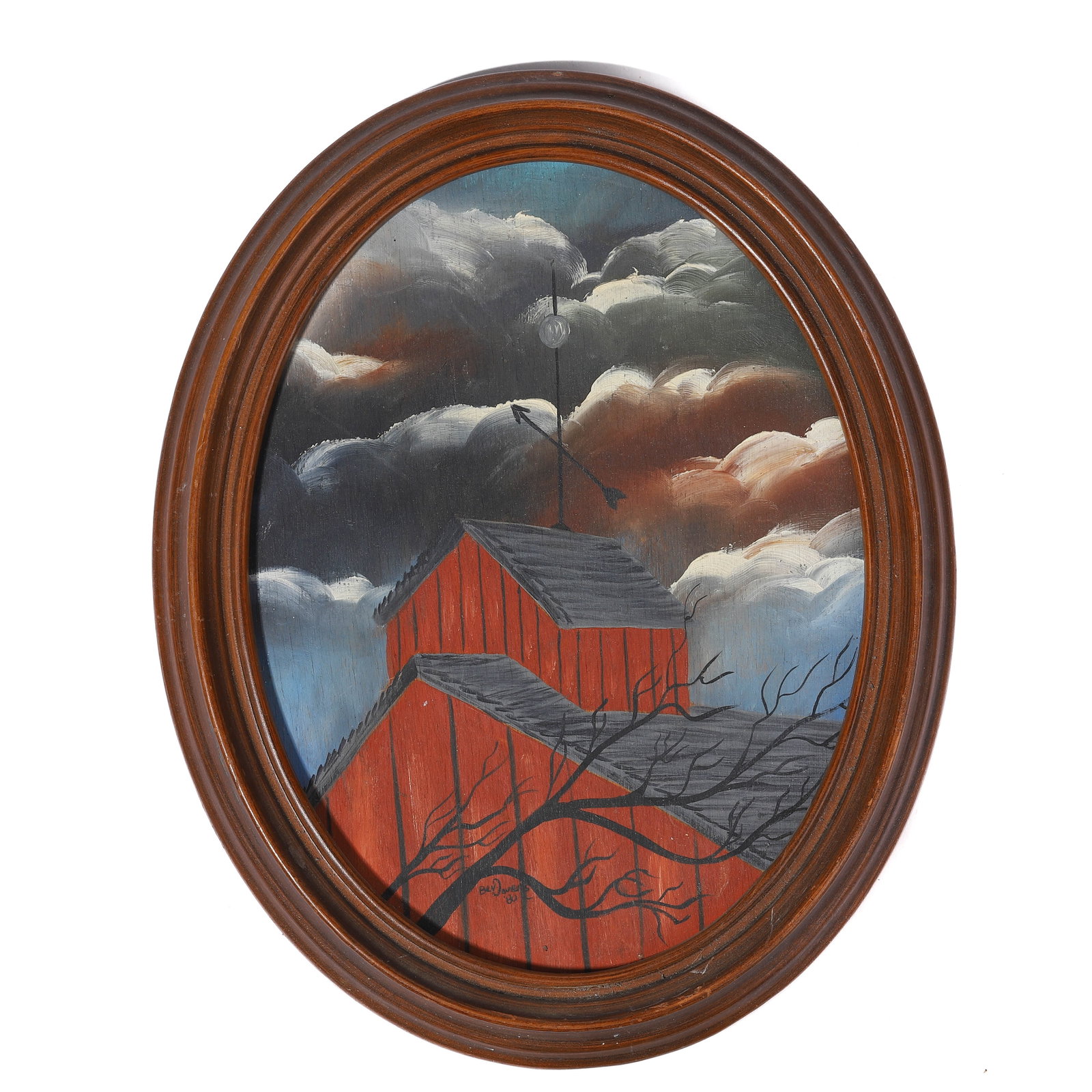 OVAL FRAMED PAINTING OF A RED BARN WITH A STORMY SKY.: 8 1/4 × 10 1/4 in (21 × 26 cm) This artwork features a red barn depicted in an atmospheric and stormy setting. The oval wooden frame complements the rustic theme of the painting, with bare tree bran