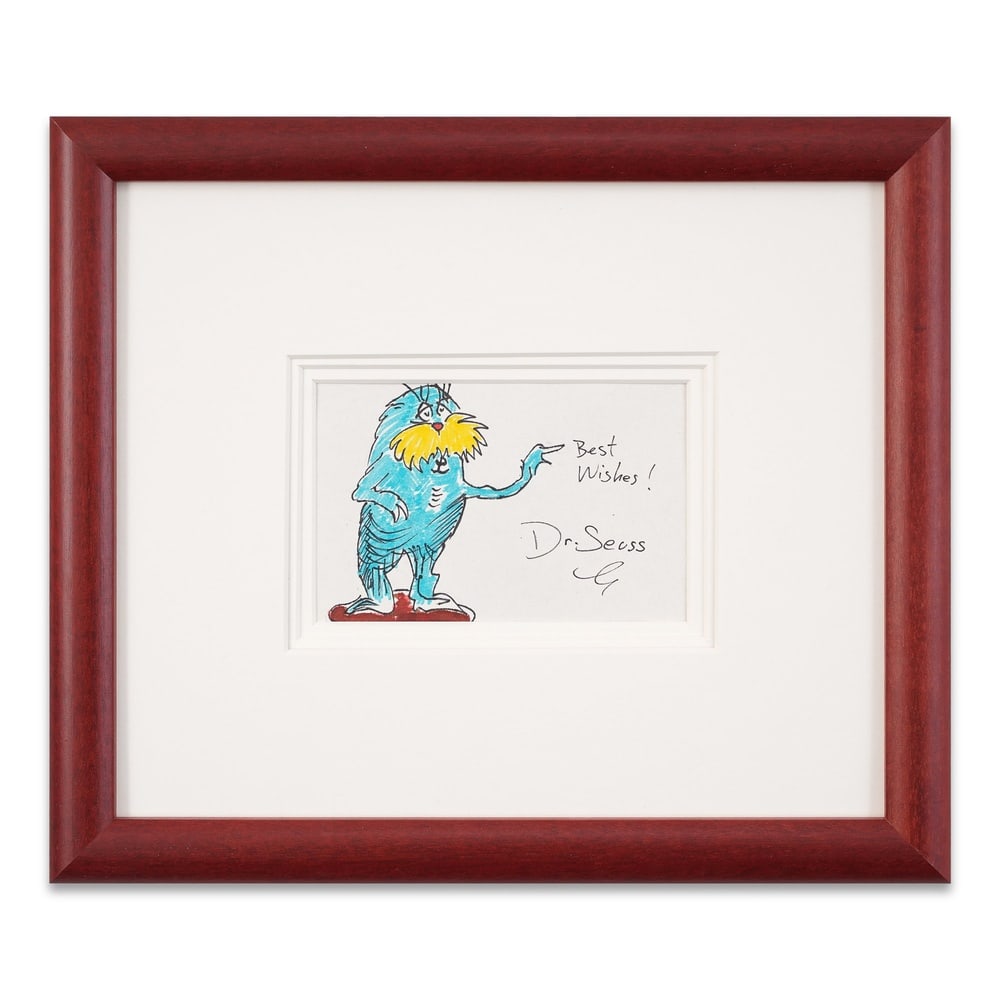DR. SEUSS SIGNED DRAWING WITH INSCRIPTION: Image Dimensions: 5 5/8 x 3 5/8 in (14.3 x 9.2 cm) Framed Dimensions: 13 3/4 x 11 3/4 in (35 x 30 cm) Provenance and Authentication: This collectible has undergone a rigorous forensic evaluation. The