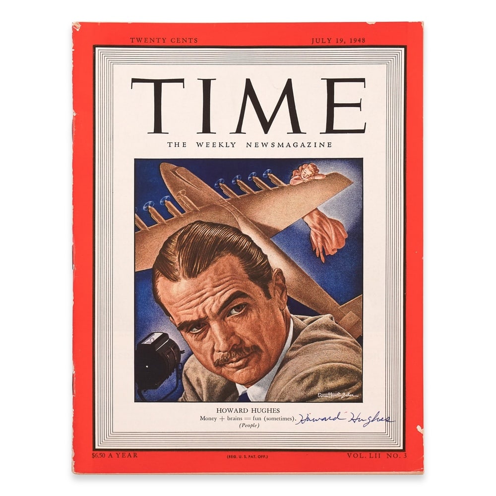 HOWARD HUGHES SIGNED TIME MAGAZINE: 11 1/8 x 8 1/4 in (28.3 x 21 cm) Provenance and Authentication: This collectible has undergone a rigorous forensic evaluation. The signatures were carefully analyzed across multiple criteria,