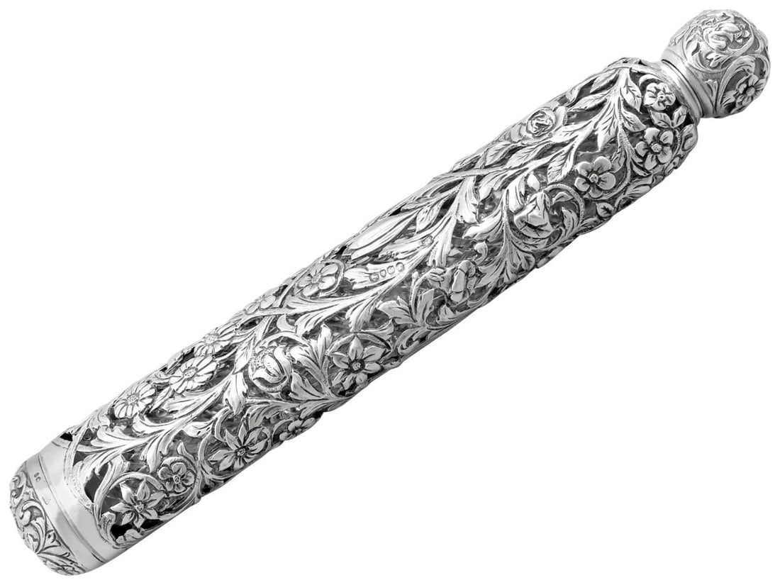PAIR OF SILVER-STYLE ENGRAVED CYLINDRICAL CASES (1 of 3)