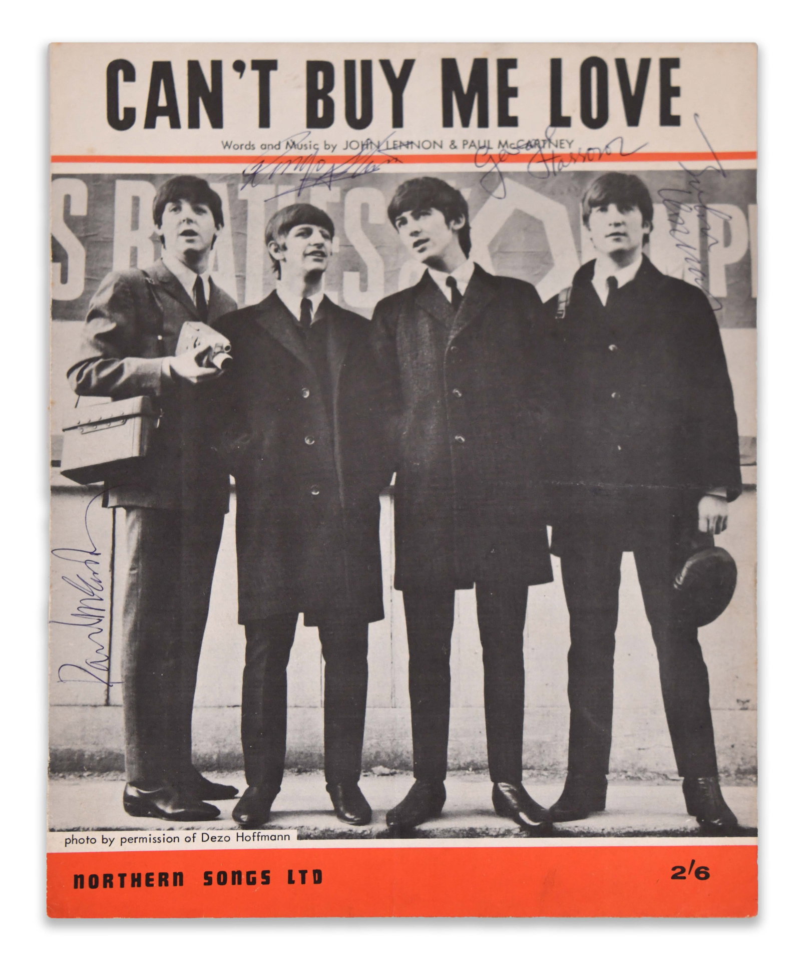 THE BEATLES (1960-1970), SIGNED "CAN'T BUY ME LOVE" NORTHERN SONGS SHEET MUSIC: THE BEATLES (1960-1970), SIGNED "CAN'T BUY ME LOVE" NORTHERN SONGS SHEET MUSIC Signature: John Lennon, Paul McCartney, George Harrison, Ringo Starr Description: A vintage 1964 British sheet music