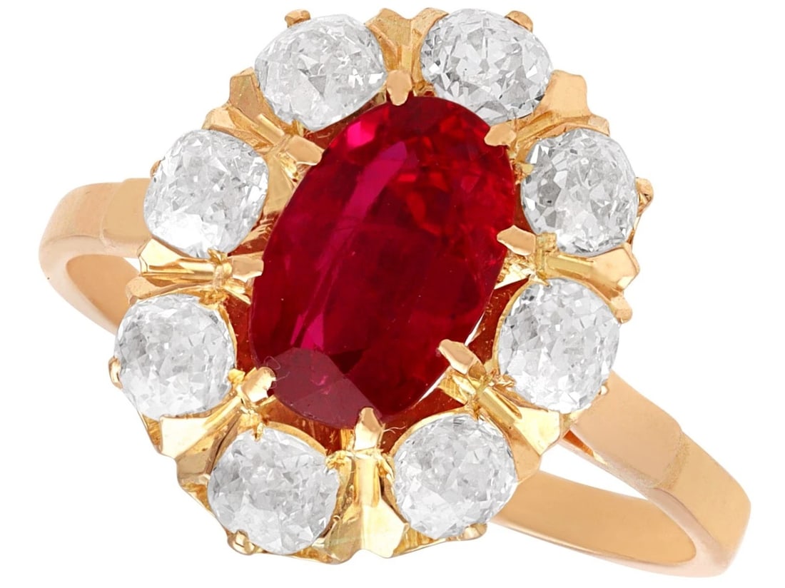GOLD-TONE MULTICOLOR GEM-SET COCKTAIL RING: GOLD-TONE MULTICOLOR GEM-SET COCKTAIL RING Description: A substantial gold-tone cocktail ring centered by a large oval red stone and surrounded by an irregular halo of multicolor faceted stones in whi