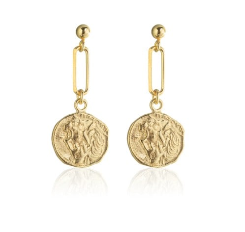 PAIR OF GOLD-TONE MEDALLION EARRINGS, DECORATIVE OBJECT: PAIR OF GOLD-TONE MEDALLION EARRINGS, DECORATIVE OBJECT Description: A pair of earrings composed in a classical-inspired form, each suspending a textured round medallion from a long open rectangular l