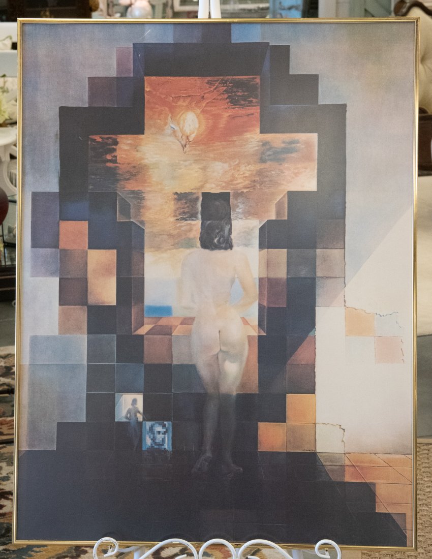 Salvador Dali (1976) 'Lincoln in Dalivision' Lithograph: Salvador Dali's famous "Lincoln in DaliVision" was originally accomplished in 1976. This is a framed print under glass of his iconic surrealism style. It is framed in a minimalist gold toned metal fra