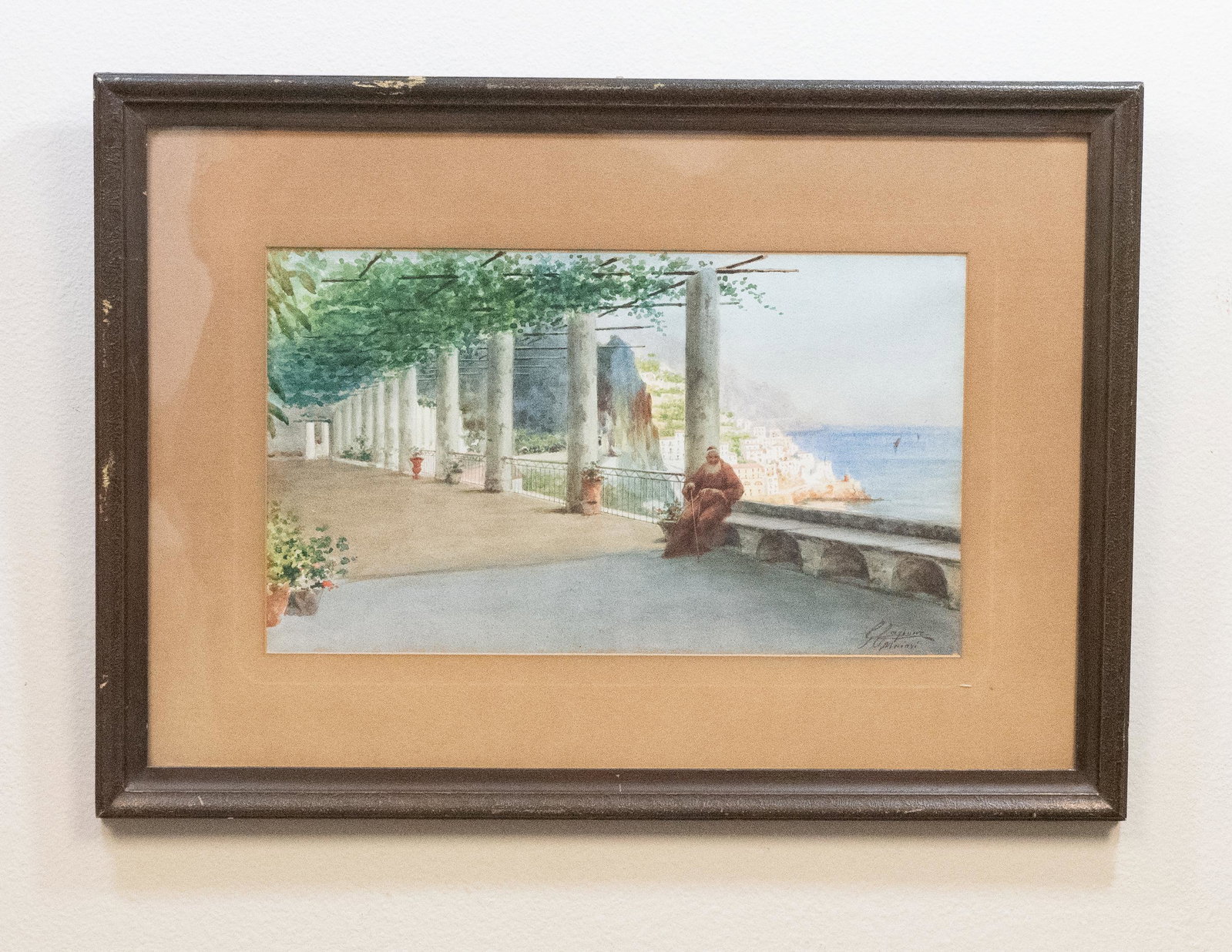Gaetano Capone (1845-1924), Terrazo a Maiori: Watercolor by Italian artist Gaetano Capone (1845-1924). The artwork depicts a monk sitting along the Terrazo a Maiori with the Amalfi Coast in the background. This watercolor painting was inspired by