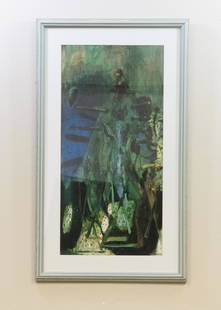 Neo Rauch 'der gartner': This Neo Rauch print titled "der gartner" is matted and mounted under glass. The image size is approximately 11 1/2" wide x 23" tall. The frame measures approximately 17" wide x 29" tall. The German p