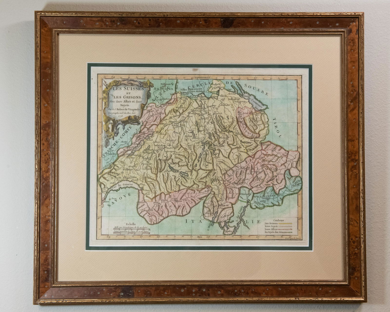 Antique 1778 Switzerland Engraved Map by Robert de Vaugondy: Robert de Vaugondy and E. Dussy antique 1778 Switzerland engraved map - Its Subjects, Its Allies and The Neighboring Grisons. Hand colored. Date of 1778 is in the cartouche/legend. PROVENANCE: This it