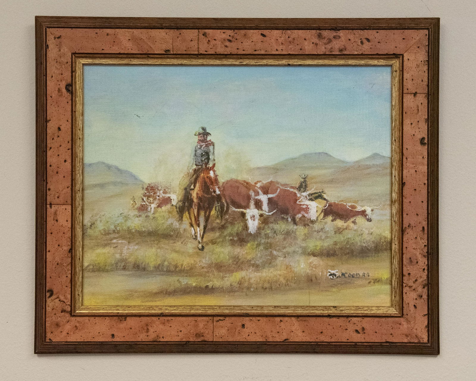J. J. Coon Original Oil/Acrylic on Board RIDING POINT: J. J. Coon original oil/acrylic on board RIDING POINT depicts a cowboy leading a cattle drive across the high plains. Signed lower right with raccoon face and J. Coon 88. No further information on art
