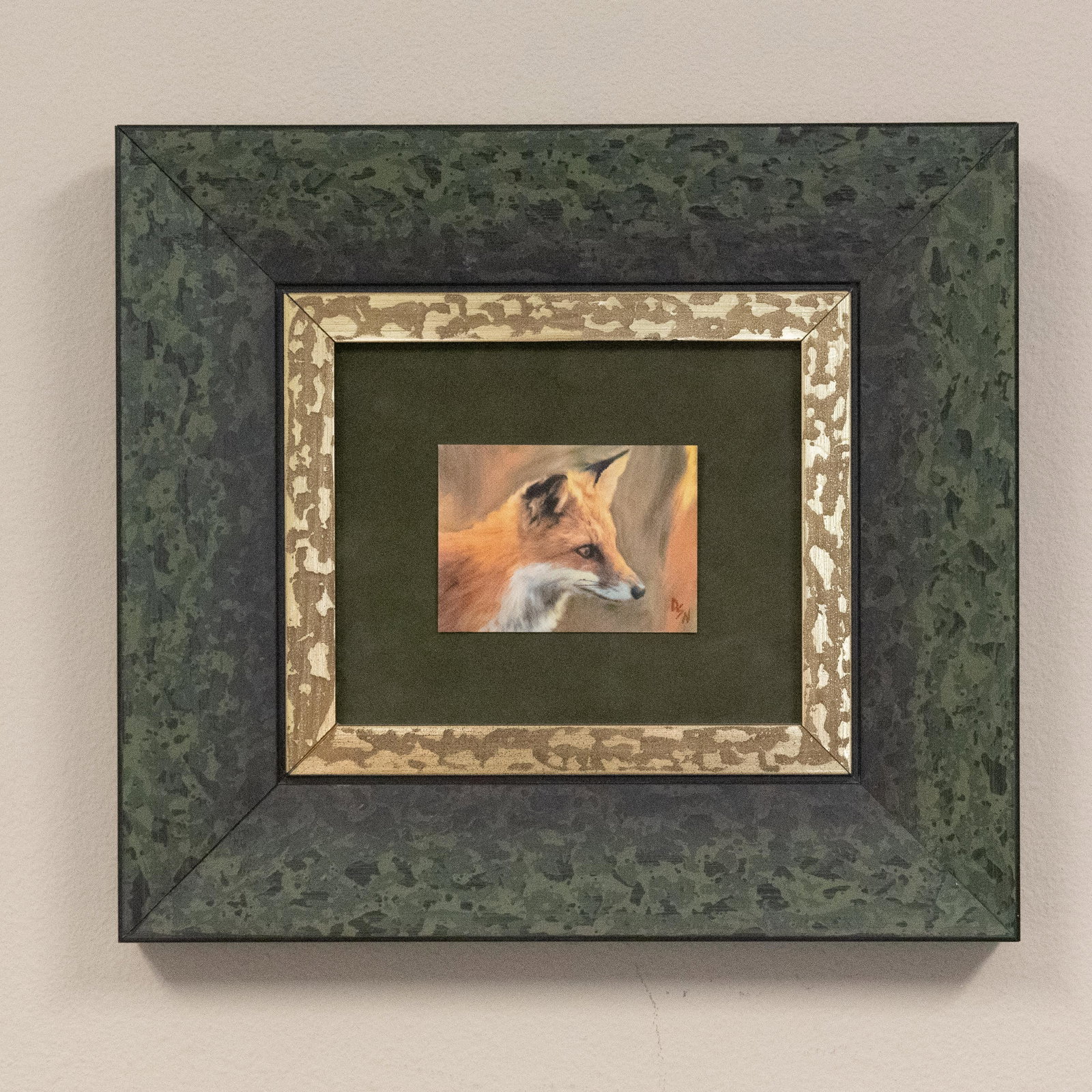 Fox Head Photographic Art by DSN: DSN fox head photographic art. Art is framed and matted; photograph is mounted on top of the green mat. PROVENANCE: This item is from the estate of Falquier and Harned, Ltd. Antique dealers from Desti