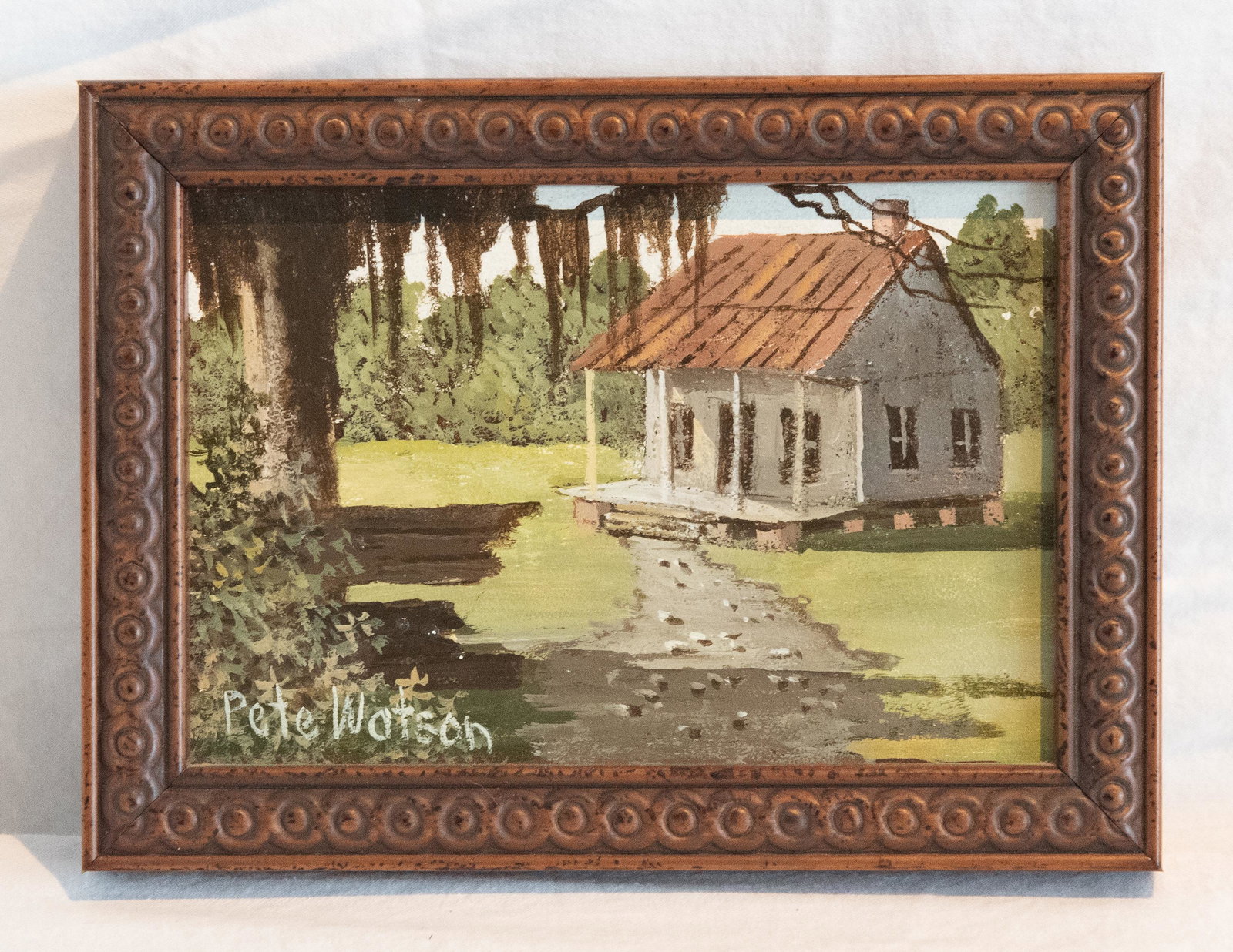 Original Oil on Board by Pete Watson FARMHOUSE Painting: Famed Louisiana Artist Pete Watson has painted this miniature Farmhouse scene in oil on board. Excellent condition. PROVENANCE: This item is from the estate of Falquier and Harned Ltd. Antique Dealers