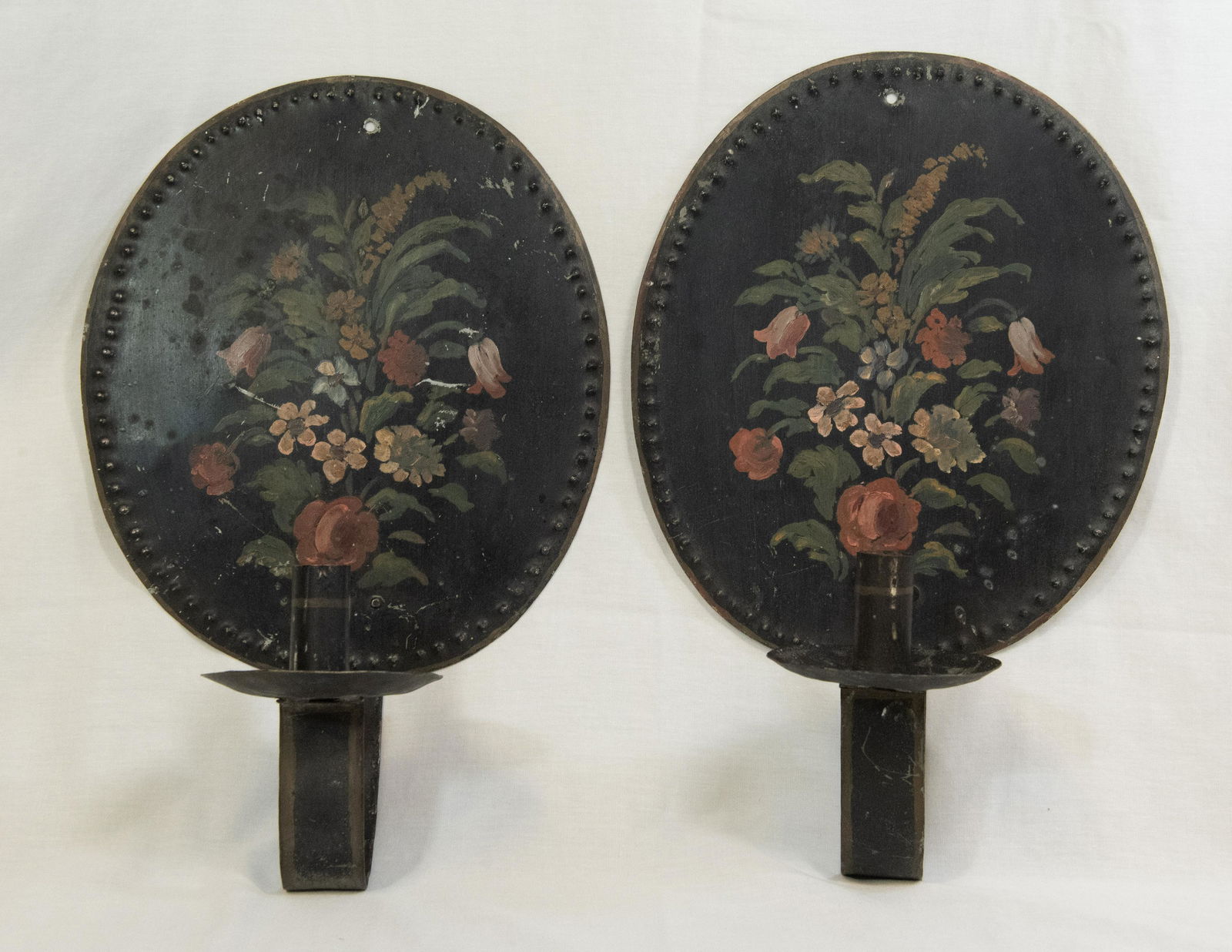 Pair of Antique Primitive Metal Hand Painted Toleware Large Oval Wall Candle Sconces (1 of 15)