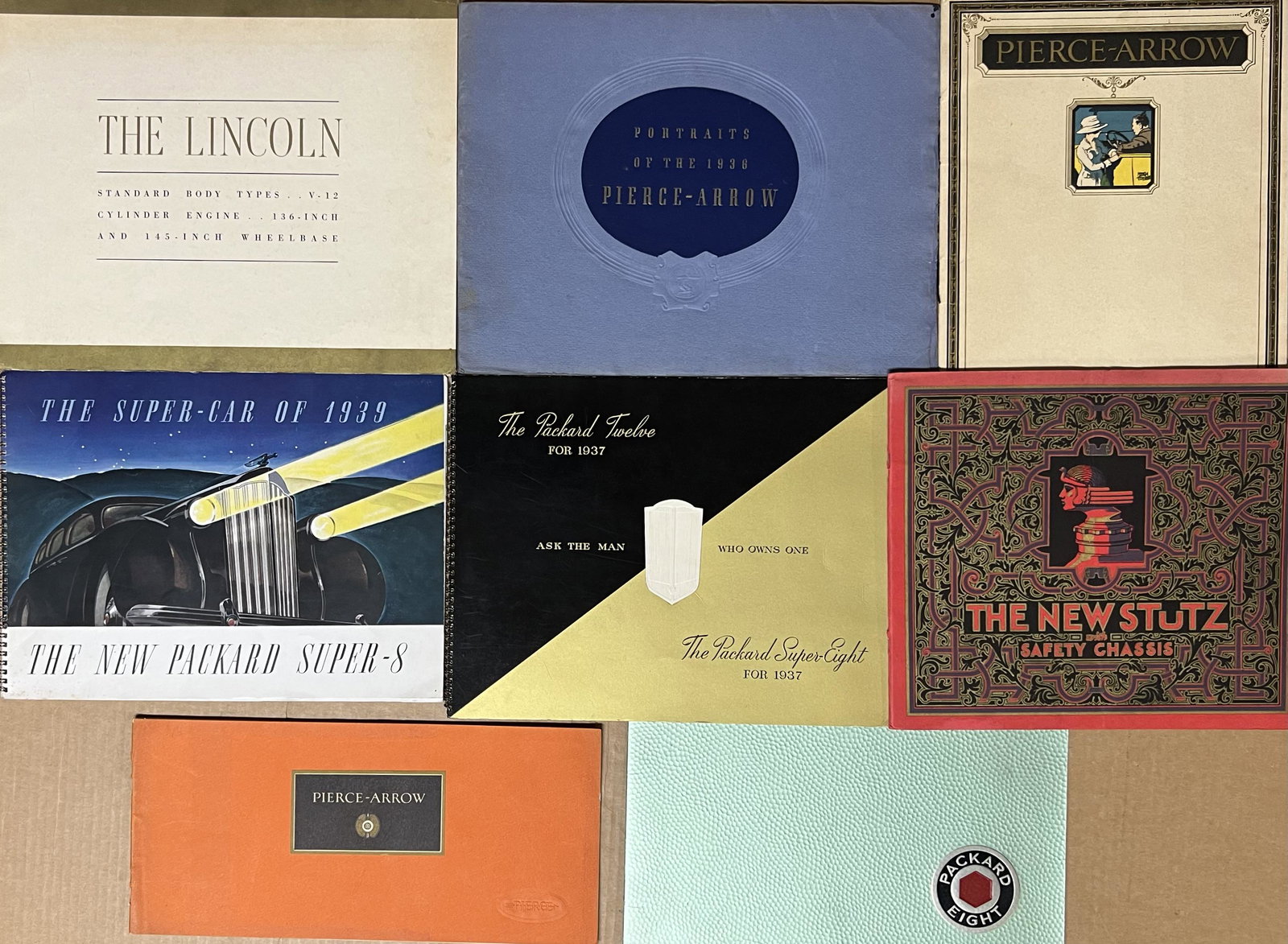 Eight classic era catalogs, Packard, Stutz, Lincoln, Pierce arrow (1 of 2)
