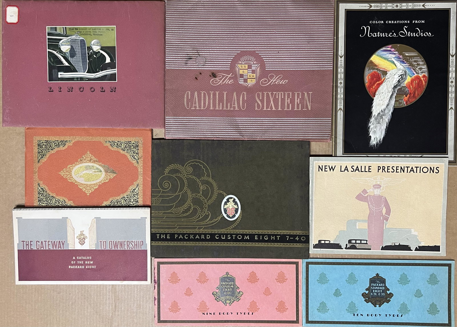 Nine classic era brochures, Packard, Cadillac, Lasalle, Lincoln (1 of 3)