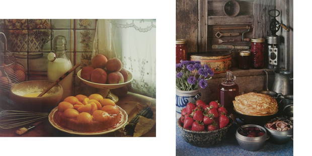 "Peach Pastry and Lace" and "Strawberry Crepes" Framed Lithographs: "Peach Pastry and Lace" lithograph, photograph by Manfred Seelow. Art measures 19.5" x 15", total frame measures 25.25" x 19.25". "Strawberry Crepes" lithograph, photograph by Fred Lyon. Art measures