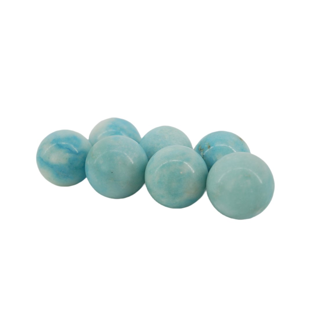 Set of Turquoise Balls: Set of 7 turqouise colored balls. Each measures 1" in diameter. Polished natural stone with striking blue color with gorgeous striations. Lot weighs 6 oz. (R2)