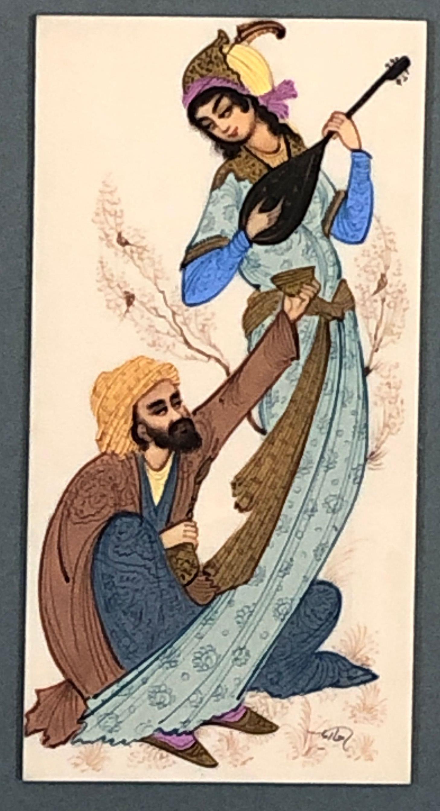 Persian Qajar Painting On Bone Set in Khatam Frame: 7-3/4" x 4" Sight View, 14-1/4" x 10-1/4" Overall