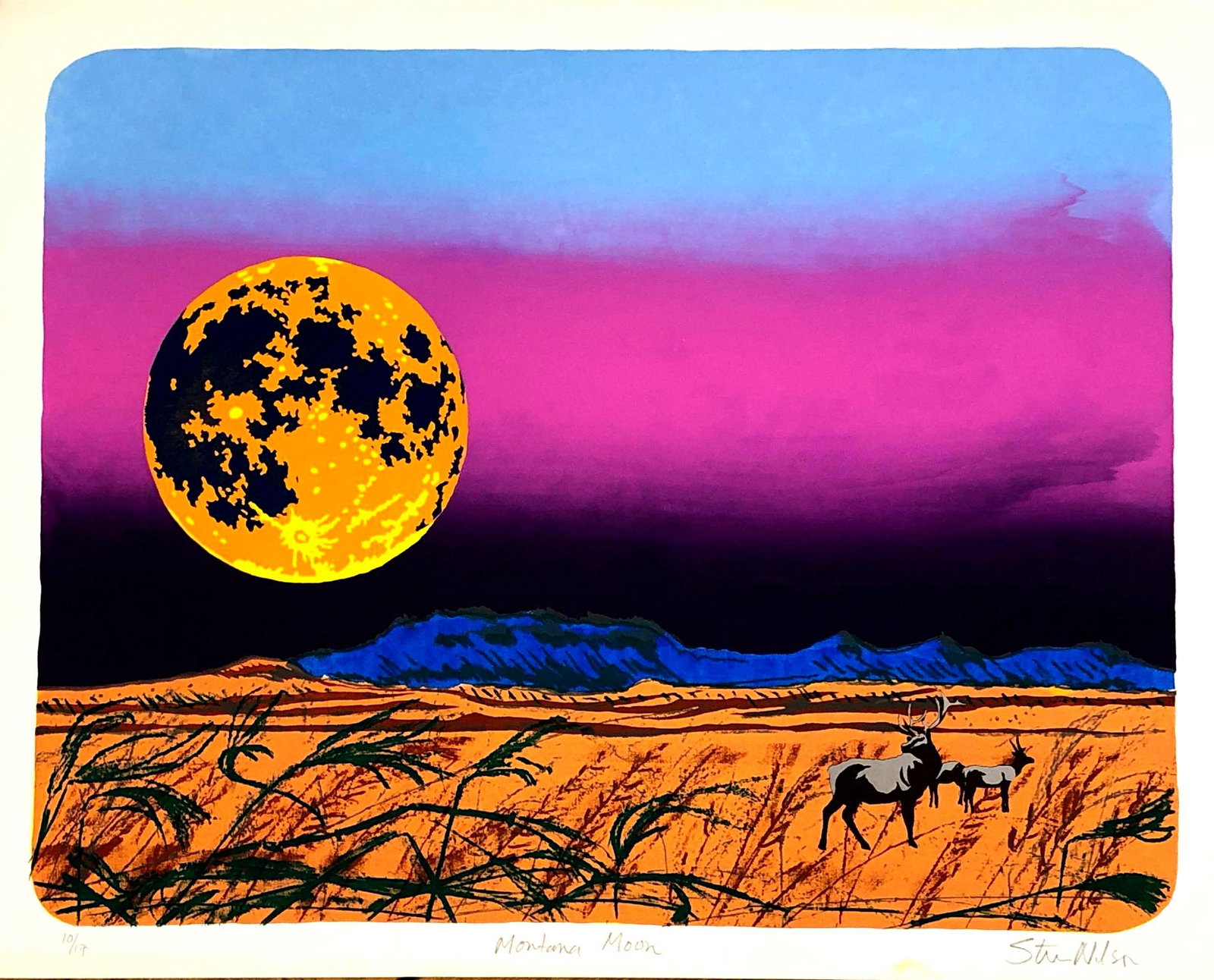 Steve Nilson American "Montana Moon" Silk Screen 10/17: Over All View 23" x 29" Sight View 20-1/2" x 26-1/2"
