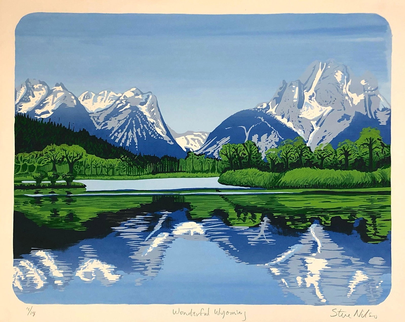 Steve Nilson American "Wonderful Wyoming" Signed Silk: Print 4/14, Overall view 23" x 29" , Sight View 20-1/2" x 26-1/2"