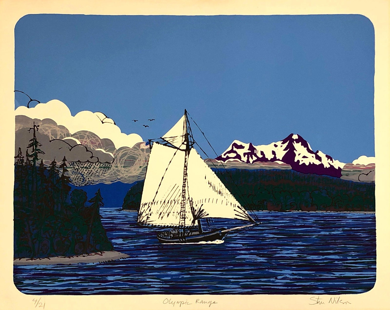 Steve Nilson American "Olympic Range" Signed Silk: Print 4/21,Overall View 23" x 29" , Sight View 20-1/2" x 26-1/2"