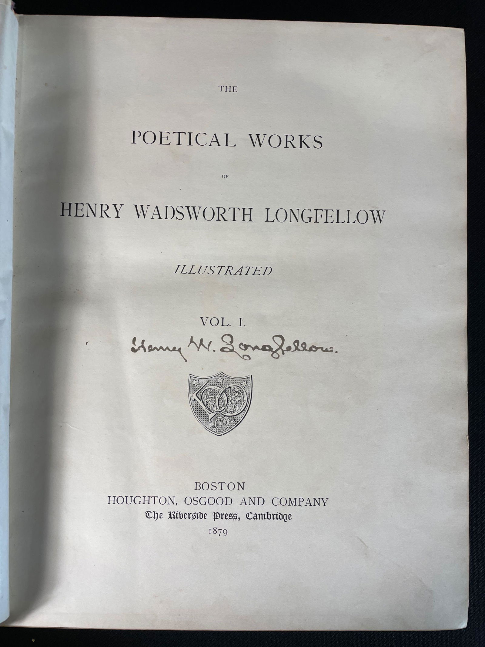 Longfellow, Henry W. (1807-1882) "The Poetical Works of Longfellow".  Vol. I and II.  Vol I signed (1 of 6)