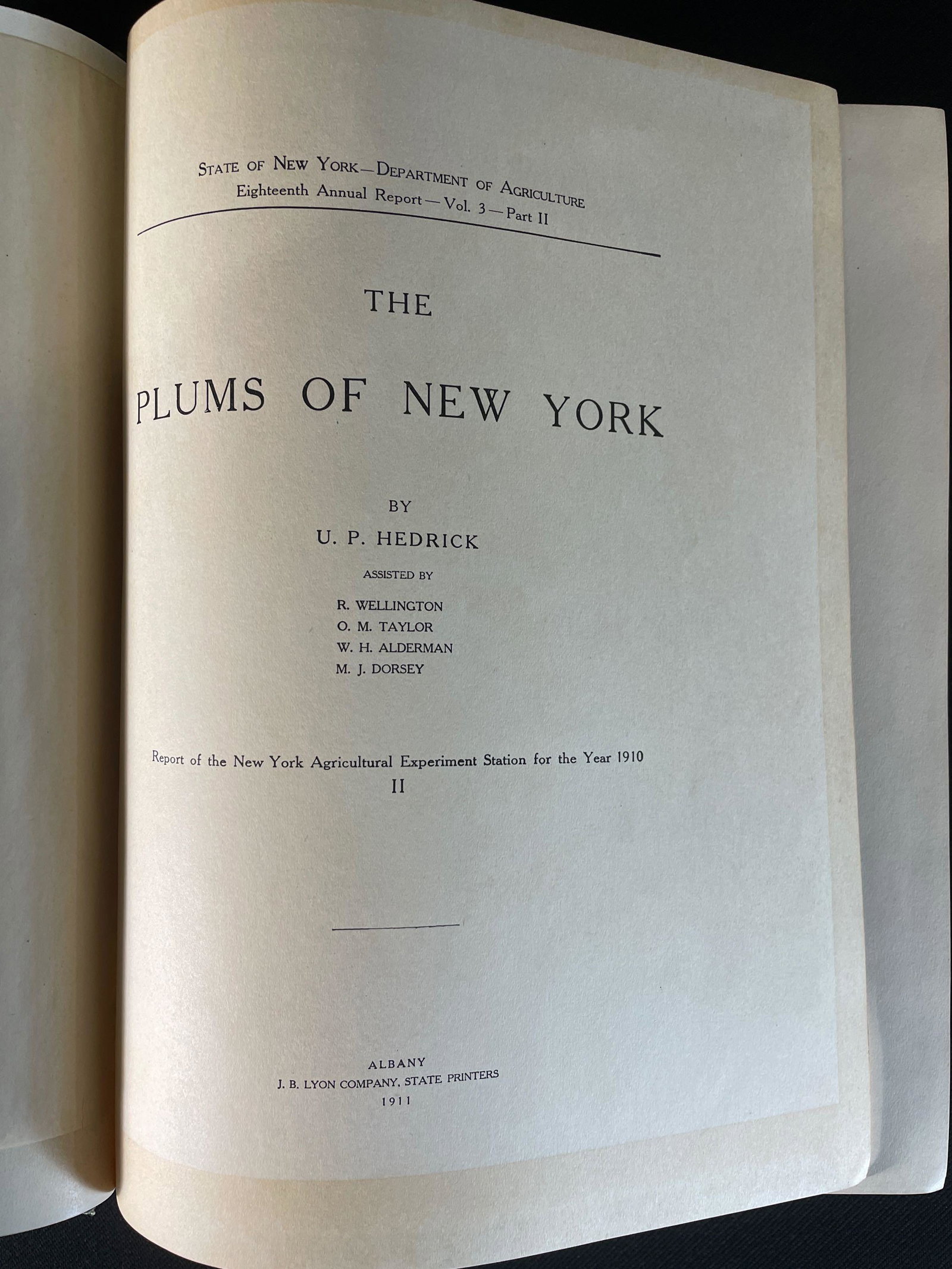 "Plums of New York" 1911: By U.P. Hedrick Assisted By R. Wellington, O.M. Taylor, W.H. Alderman, M.J. Dorsey, Albany:J.B. Lyon Company Printers©1911